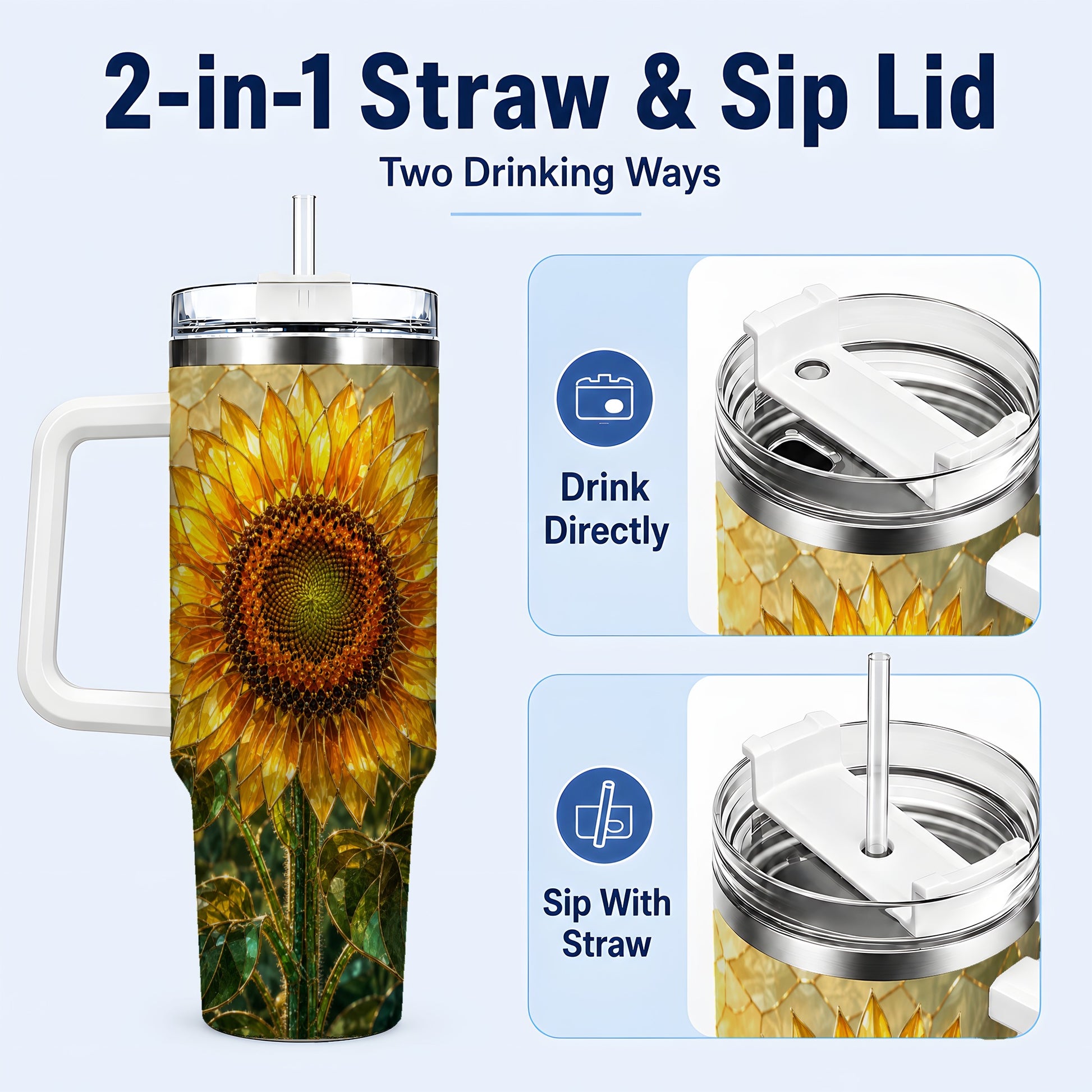 #pl[40oz|White] Golden Sunflower 40oz Tumbler with Handle, Floral Travel Cup