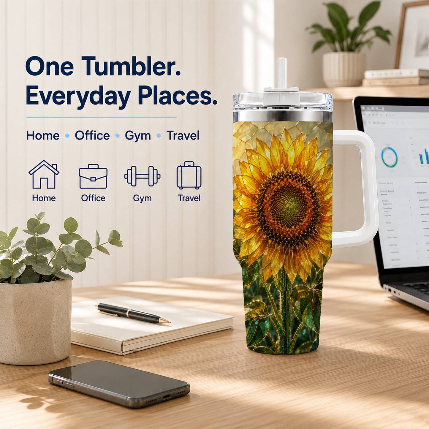 #pl[40oz|White] Golden Sunflower 40oz Tumbler with Handle, Floral Travel Cup