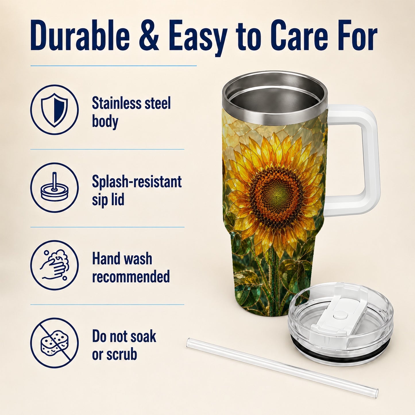 #pl[40oz|White] Golden Sunflower 40oz Tumbler with Handle, Floral Travel Cup
