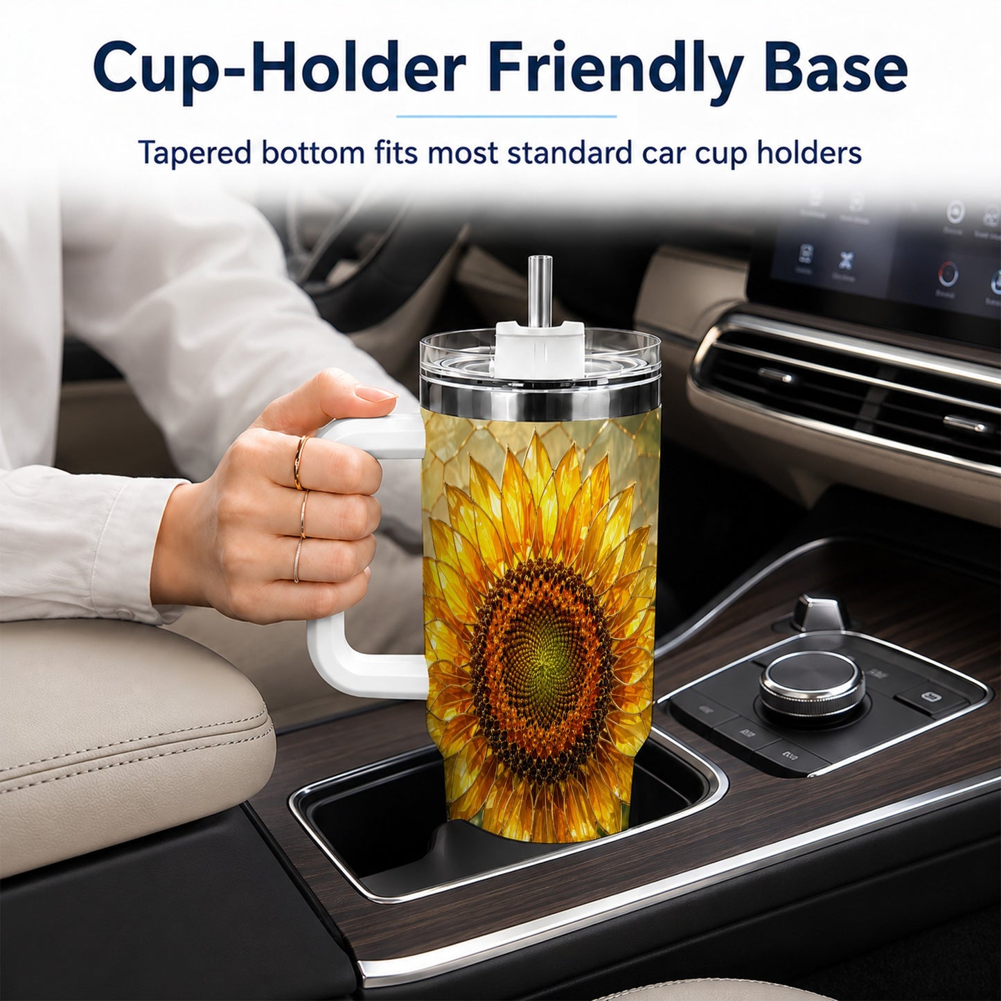 #pl[40oz|White] Golden Sunflower 40oz Tumbler with Handle, Floral Travel Cup