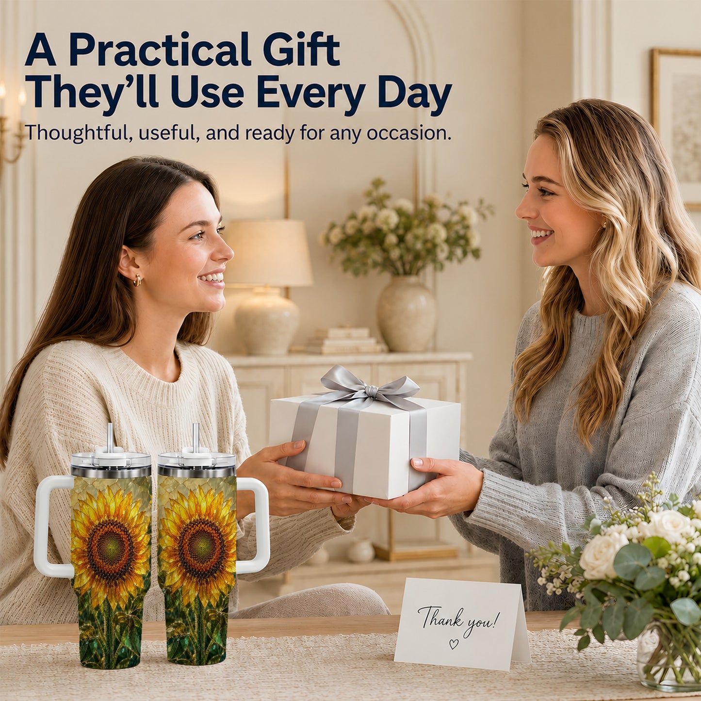 #pl[40oz|White] Golden Sunflower 40oz Tumbler with Handle, Floral Travel Cup