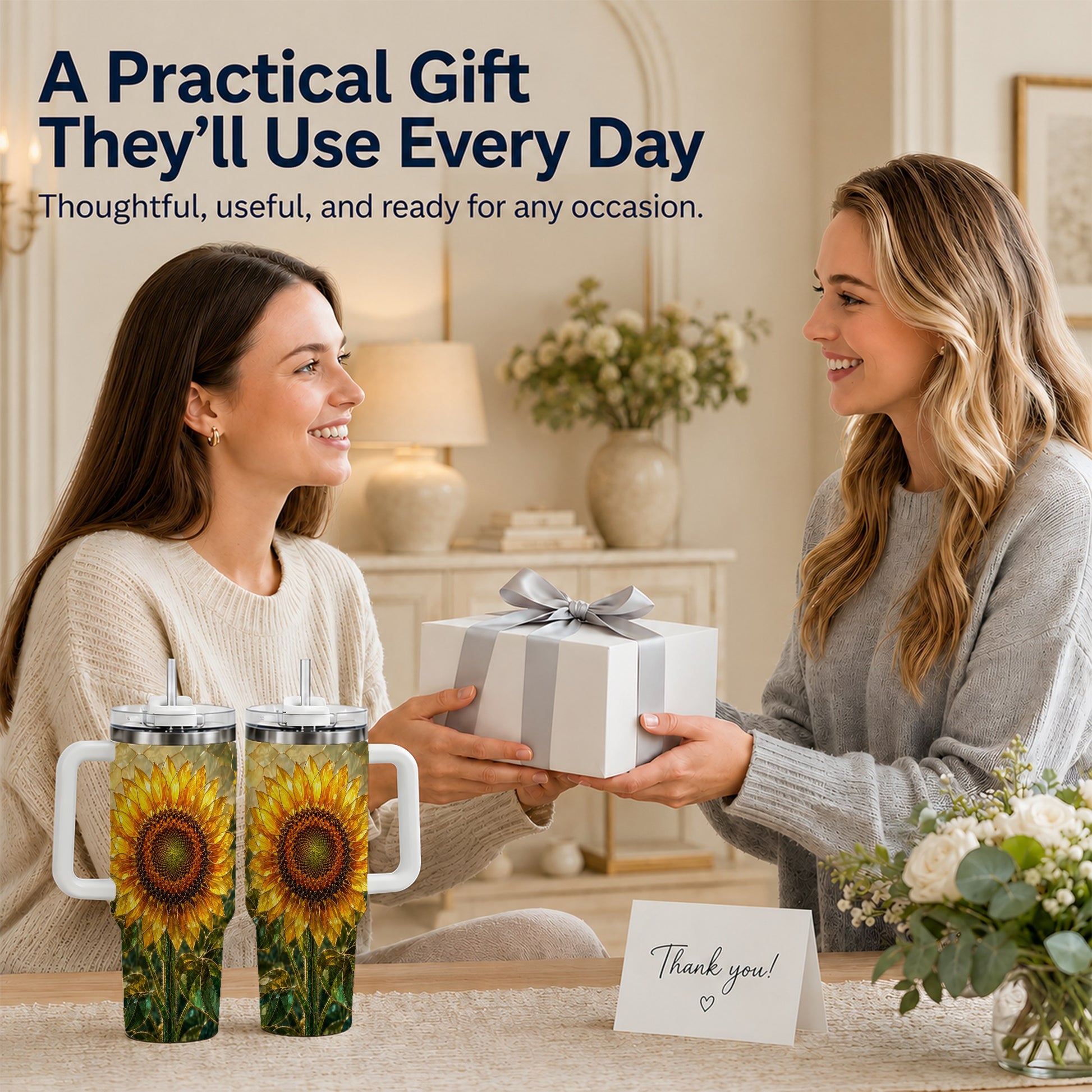 #pl[40oz|White] Golden Sunflower 40oz Tumbler with Handle, Floral Travel Cup