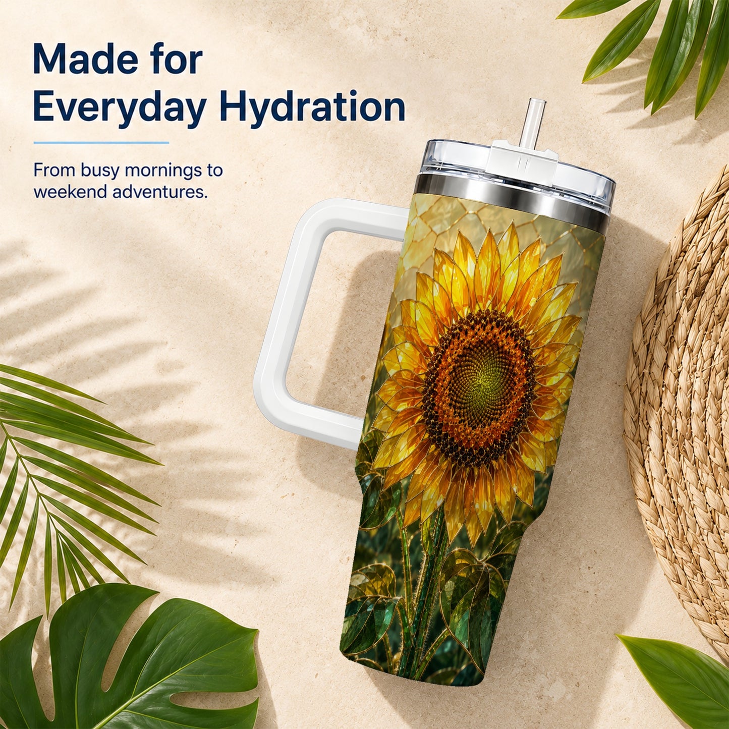 #pl[40oz|White] Golden Sunflower 40oz Tumbler with Handle, Floral Travel Cup