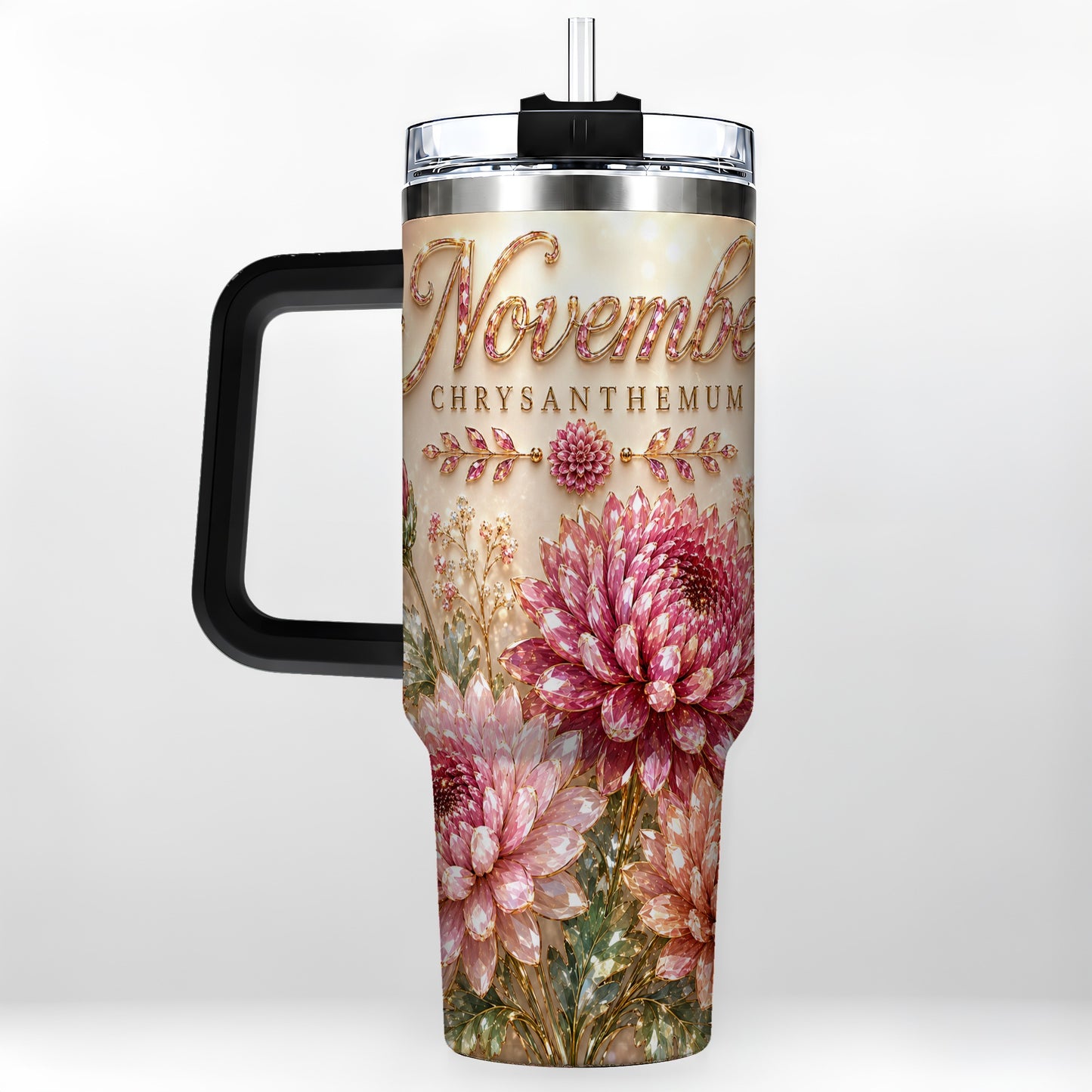 #pl[40oz|Black] November Chrysanthemum 40oz Tumbler with Handle, Floral Travel Cup