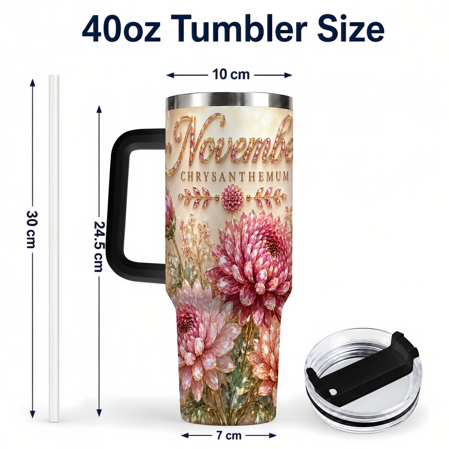 #pl[40oz|Black] November Chrysanthemum 40oz Tumbler with Handle, Floral Travel Cup