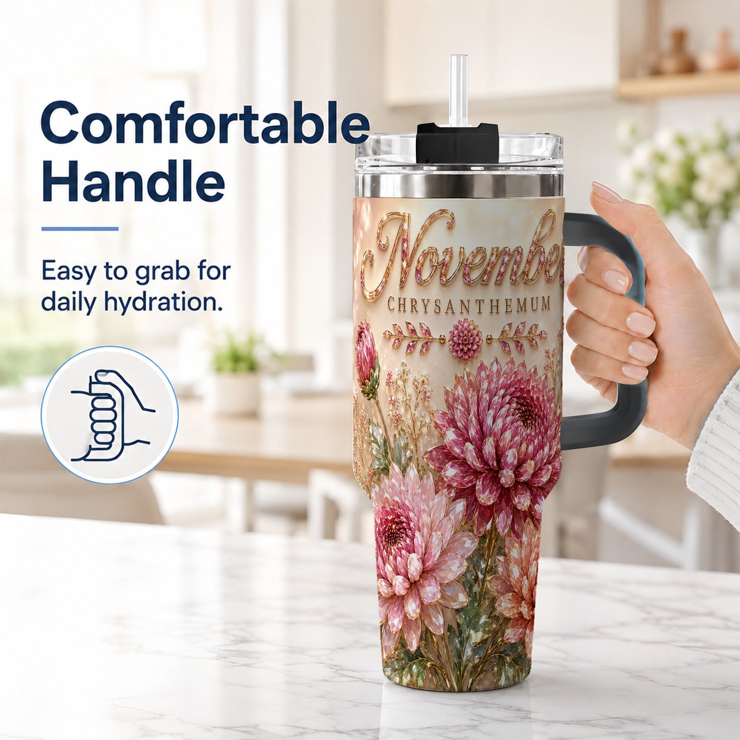 #pl[40oz|Black] November Chrysanthemum 40oz Tumbler with Handle, Floral Travel Cup