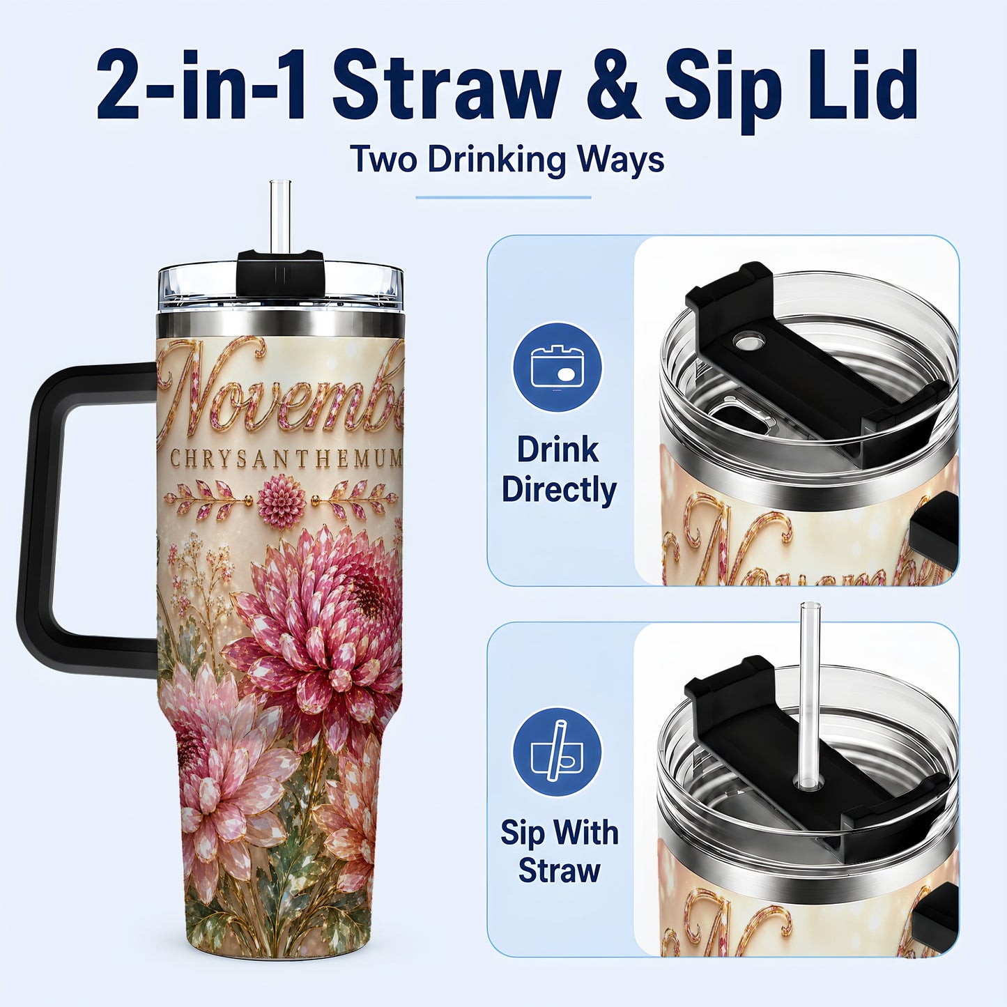 #pl[40oz|Black] November Chrysanthemum 40oz Tumbler with Handle, Floral Travel Cup
