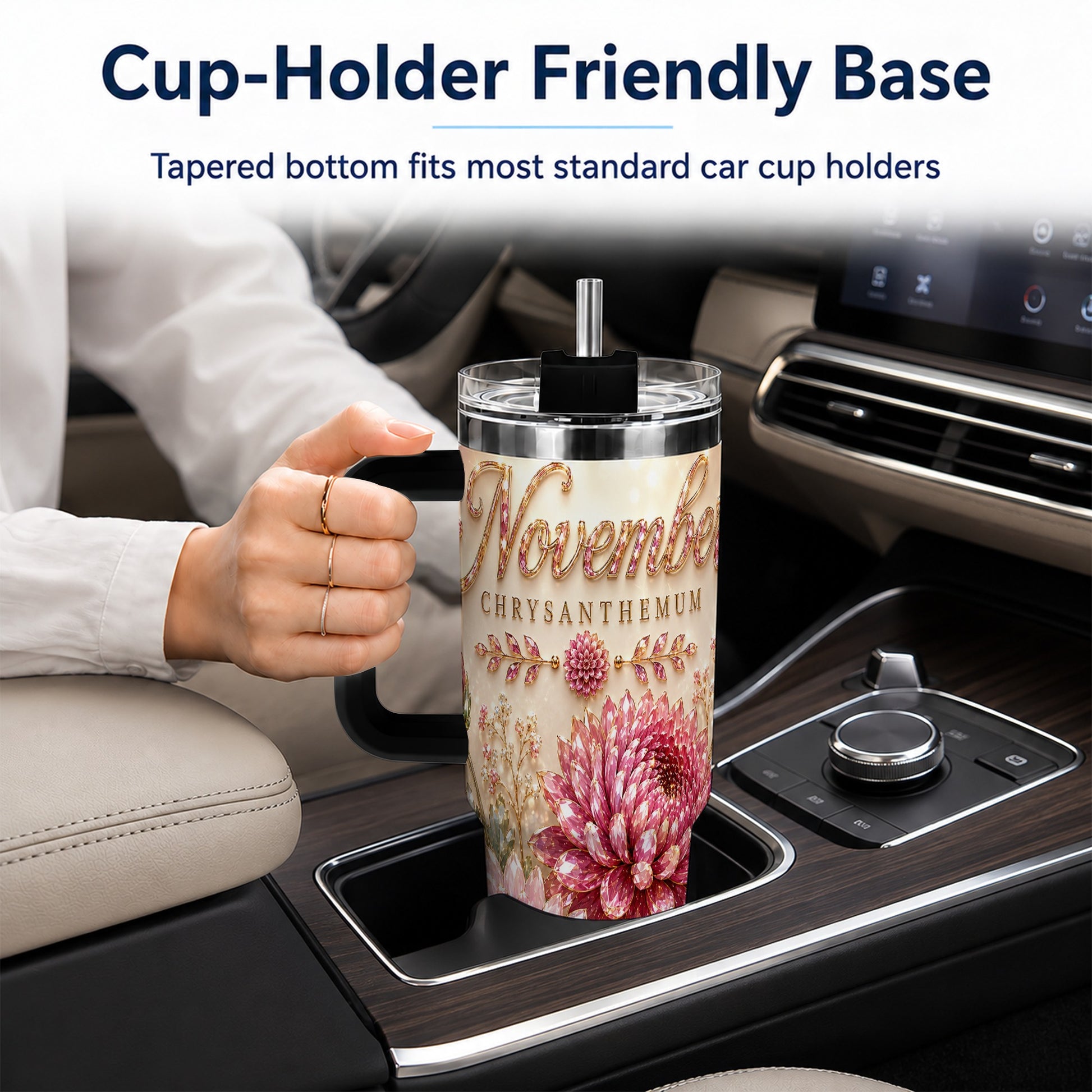 #pl[40oz|Black] November Chrysanthemum 40oz Tumbler with Handle, Floral Travel Cup