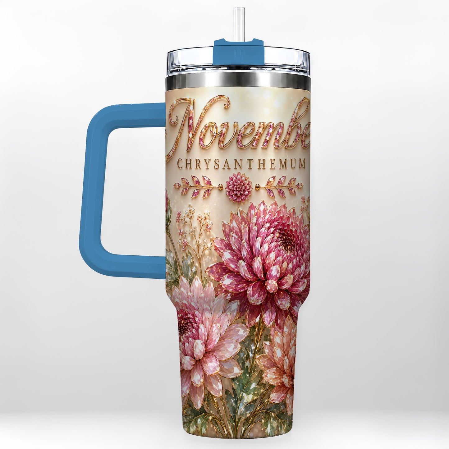 #pl[40oz|Blue] November Chrysanthemum 40oz Tumbler with Handle, Floral Travel Cup