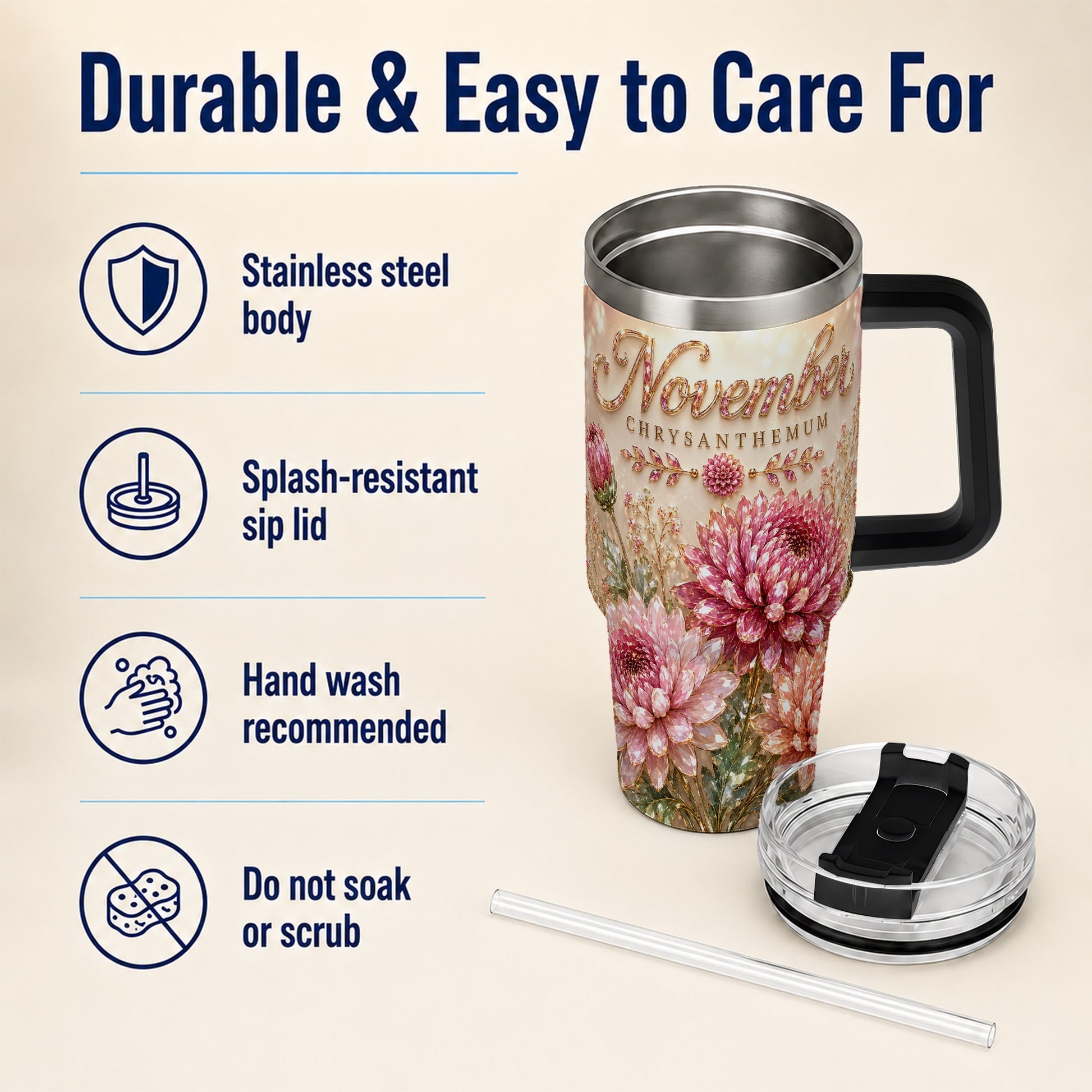 #pl[40oz|Black] November Chrysanthemum 40oz Tumbler with Handle, Floral Travel Cup