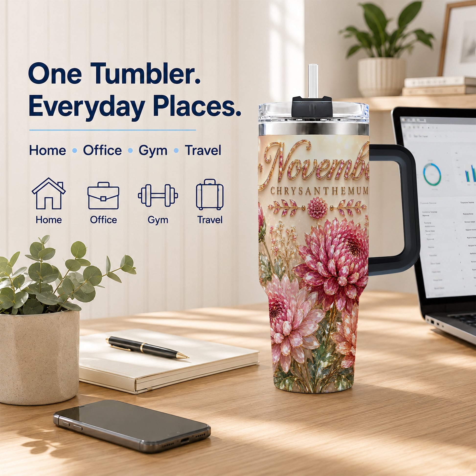 #pl[40oz|Black] November Chrysanthemum 40oz Tumbler with Handle, Floral Travel Cup