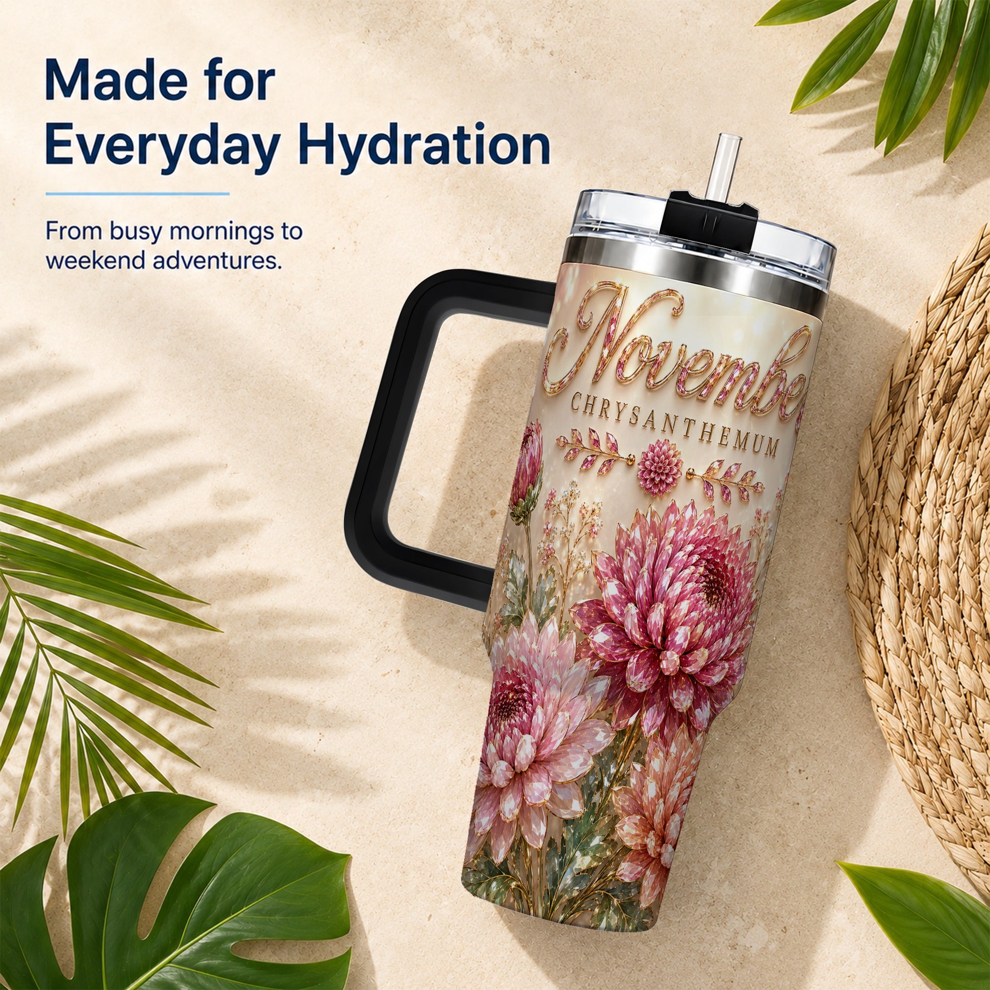 #pl[40oz|Black] November Chrysanthemum 40oz Tumbler with Handle, Floral Travel Cup
