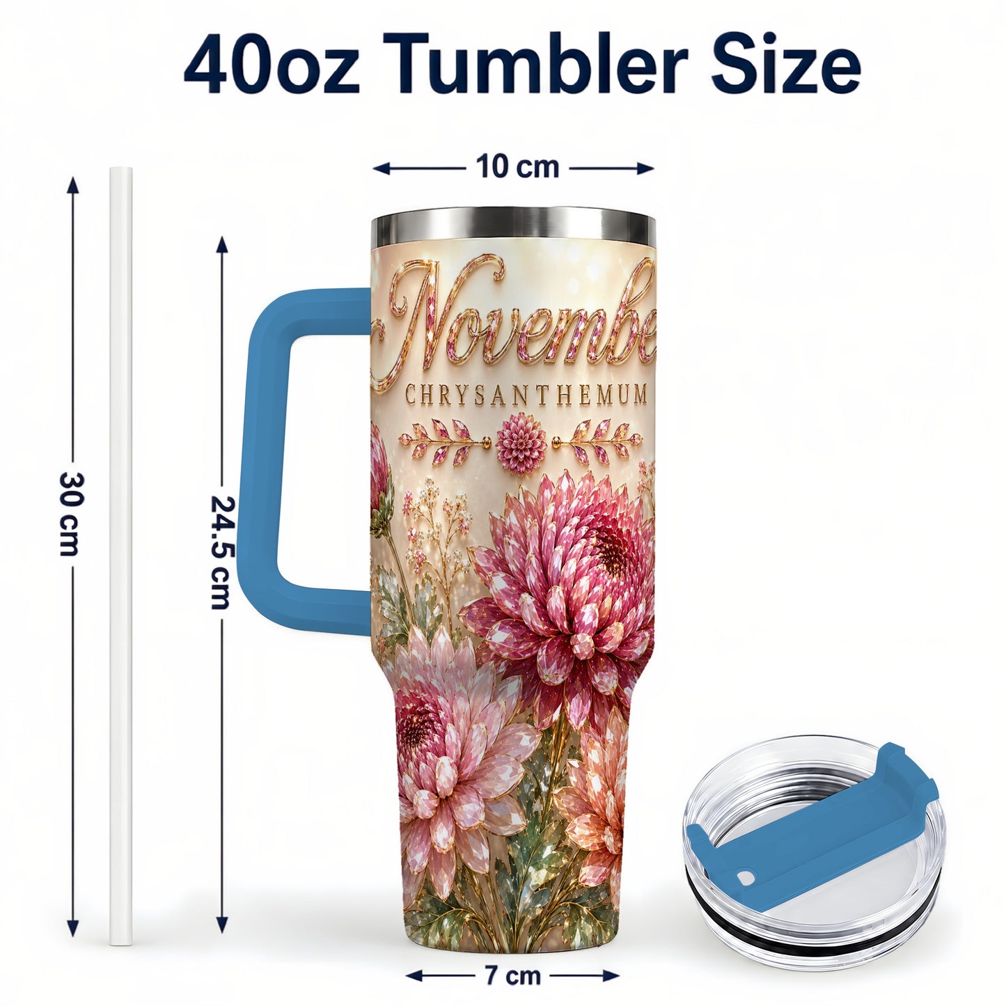 #pl[40oz|Blue] November Chrysanthemum 40oz Tumbler with Handle, Floral Travel Cup