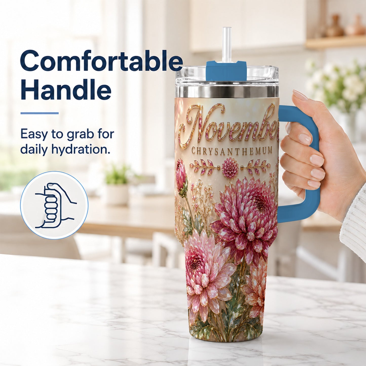 #pl[40oz|Blue] November Chrysanthemum 40oz Tumbler with Handle, Floral Travel Cup