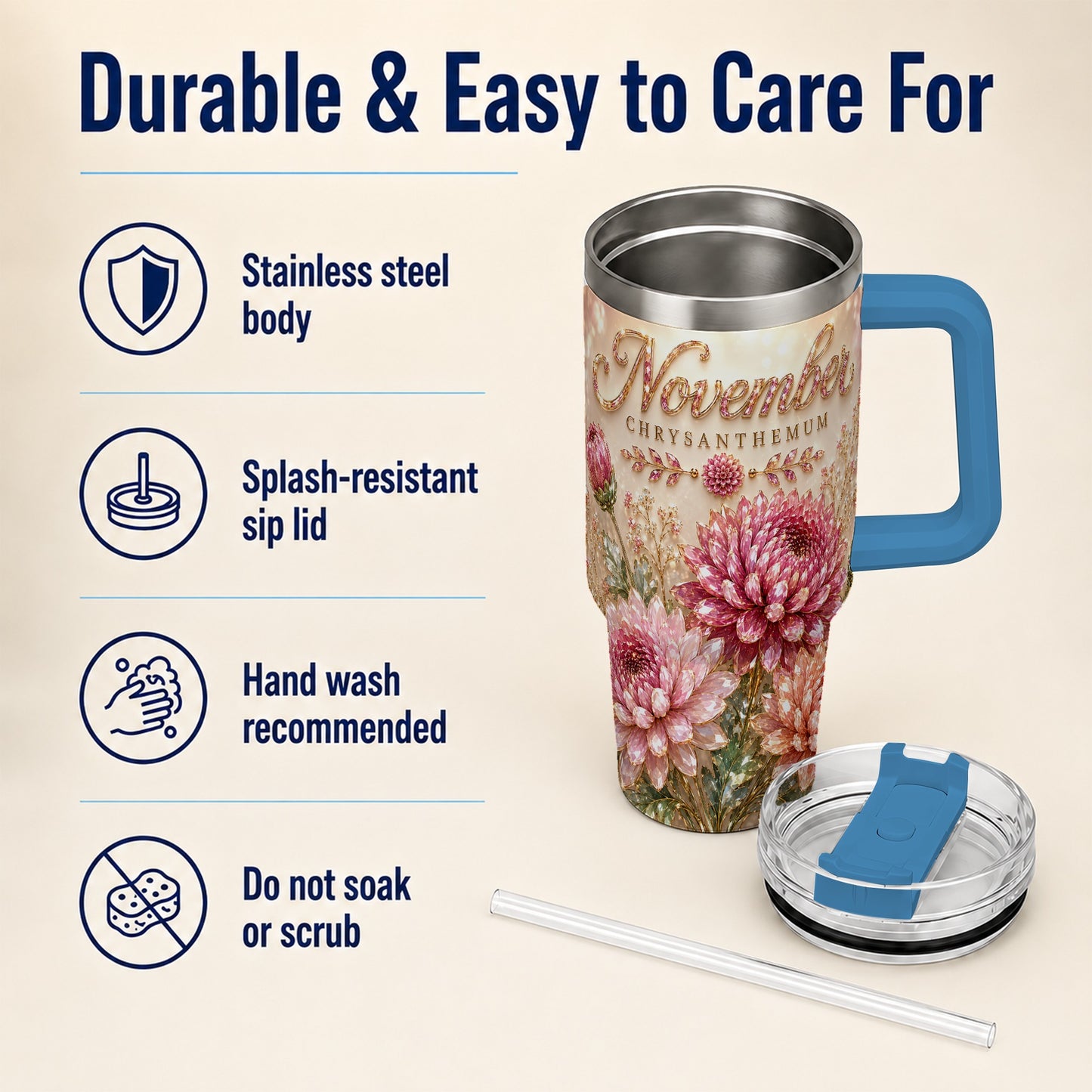 #pl[40oz|Blue] November Chrysanthemum 40oz Tumbler with Handle, Floral Travel Cup