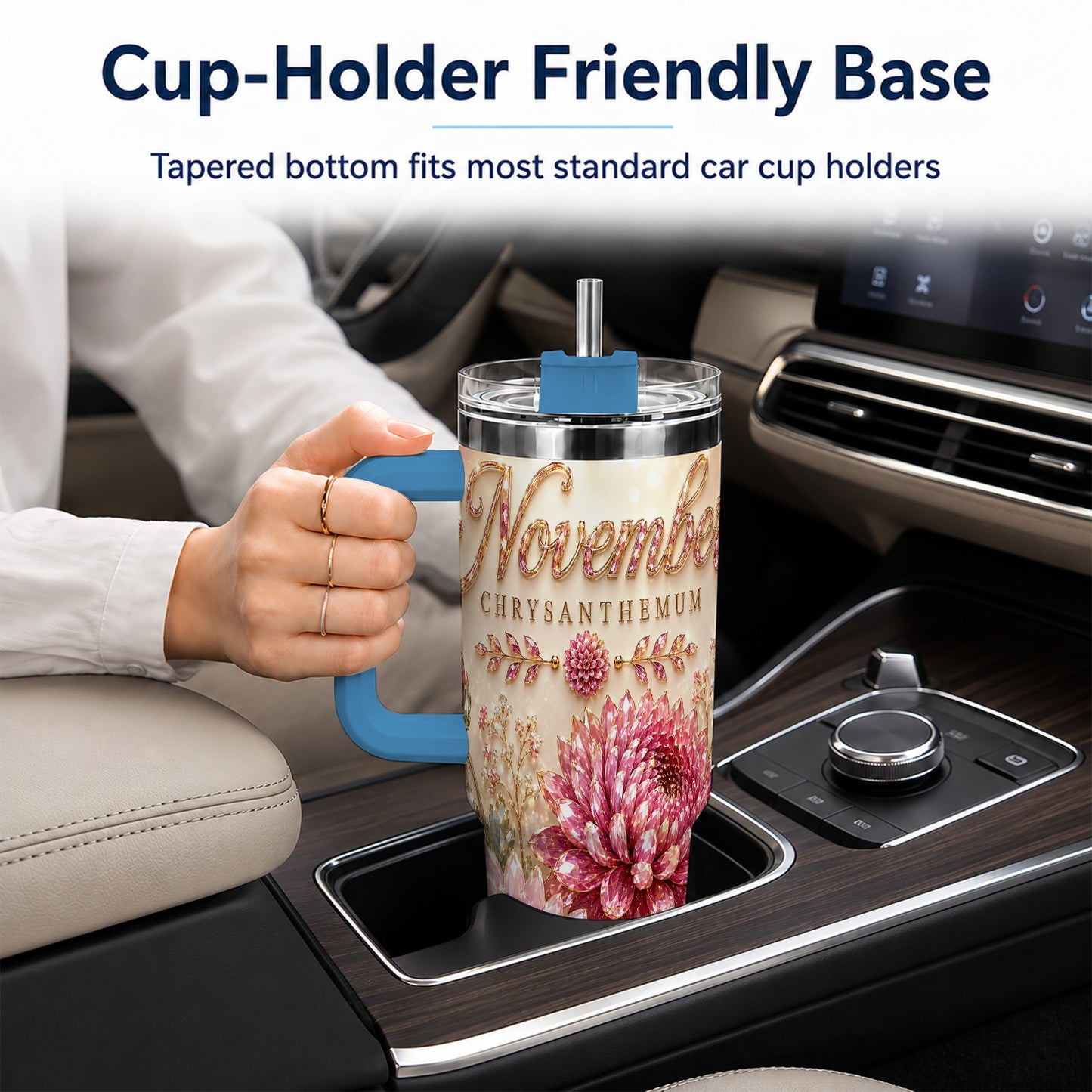 #pl[40oz|Blue] November Chrysanthemum 40oz Tumbler with Handle, Floral Travel Cup