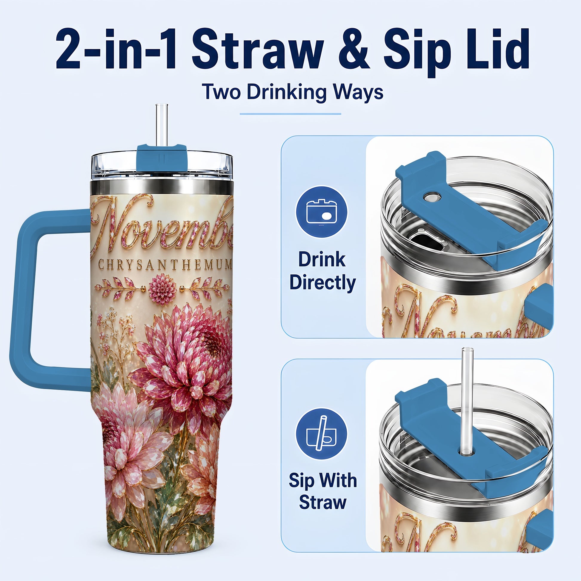 #pl[40oz|Blue] November Chrysanthemum 40oz Tumbler with Handle, Floral Travel Cup