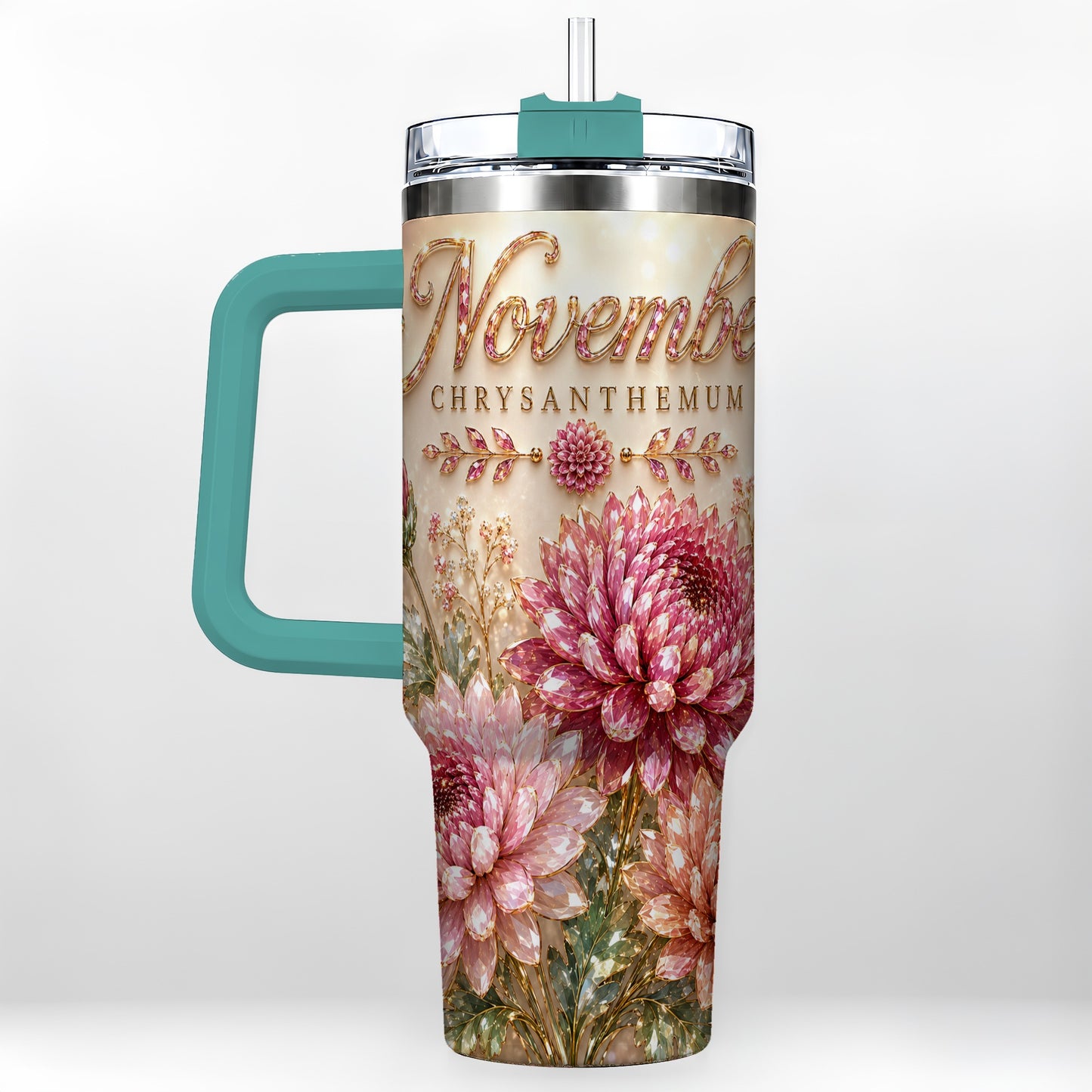 #pl[40oz|Green] November Chrysanthemum 40oz Tumbler with Handle, Floral Travel Cup