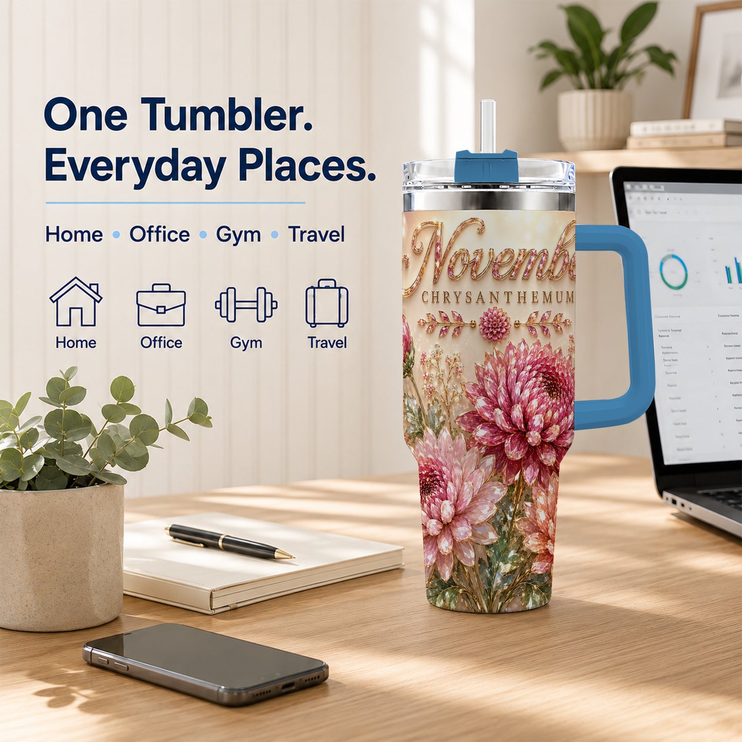 #pl[40oz|Blue] November Chrysanthemum 40oz Tumbler with Handle, Floral Travel Cup