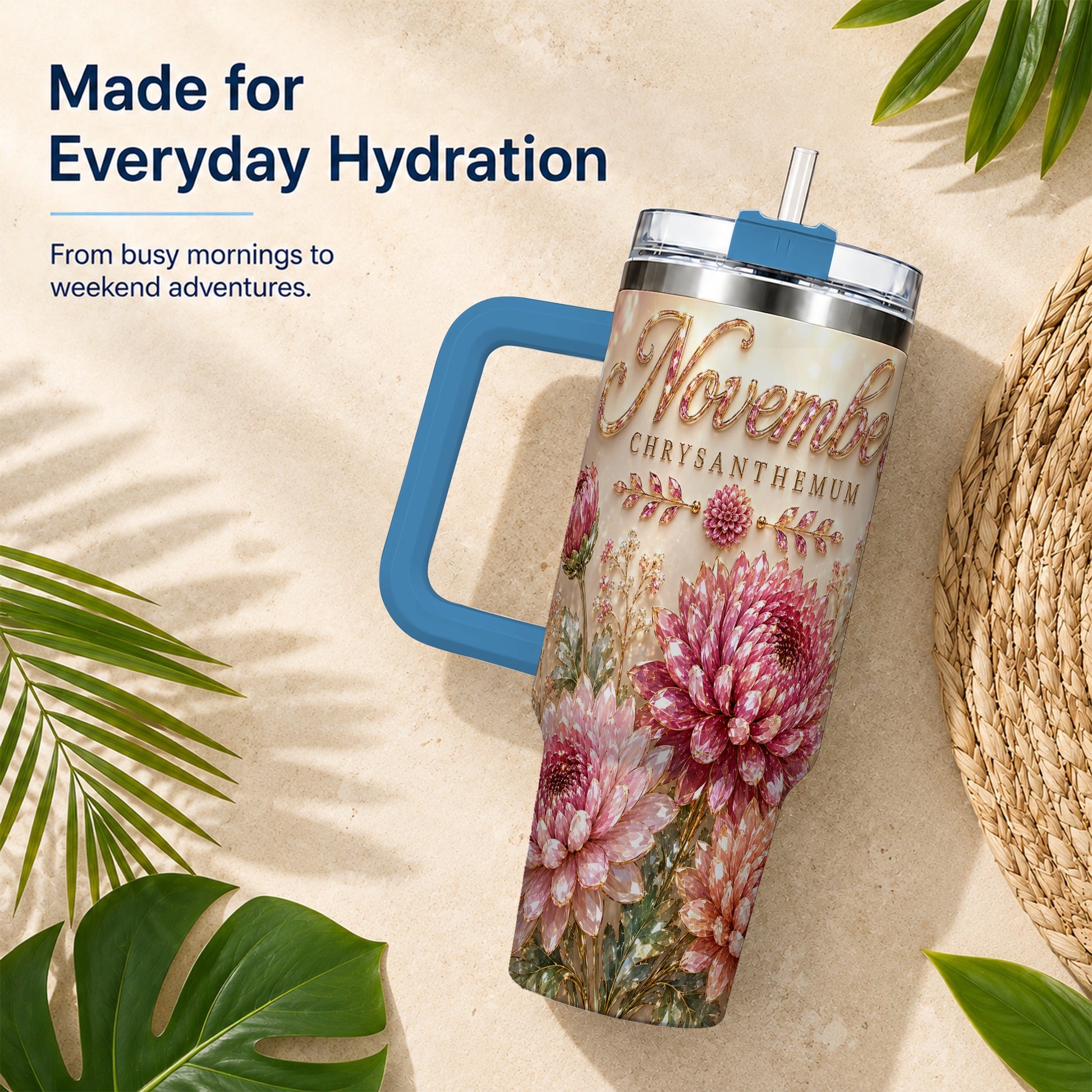 #pl[40oz|Blue] November Chrysanthemum 40oz Tumbler with Handle, Floral Travel Cup