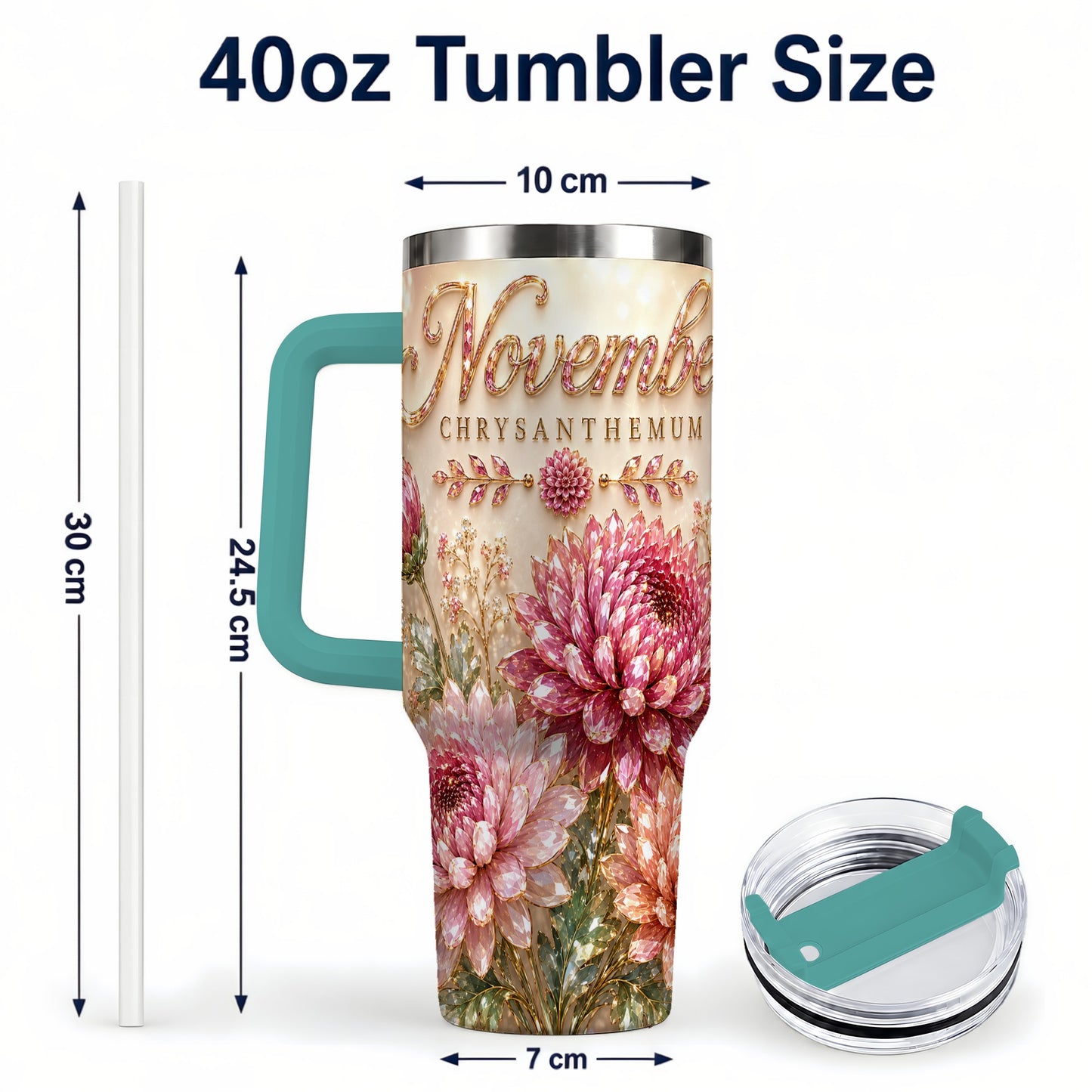 #pl[40oz|Green] November Chrysanthemum 40oz Tumbler with Handle, Floral Travel Cup
