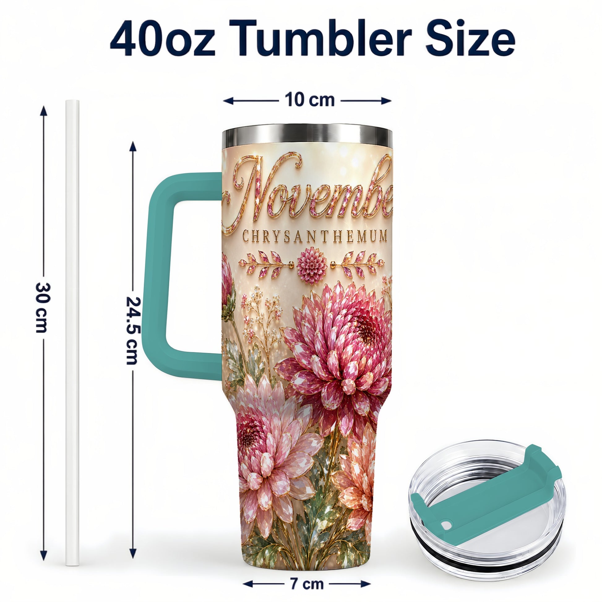 #pl[40oz|Green] November Chrysanthemum 40oz Tumbler with Handle, Floral Travel Cup