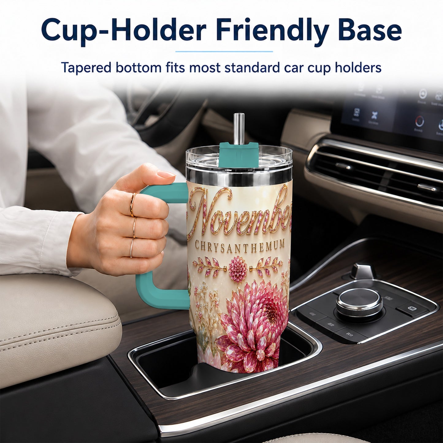 #pl[40oz|Green] November Chrysanthemum 40oz Tumbler with Handle, Floral Travel Cup