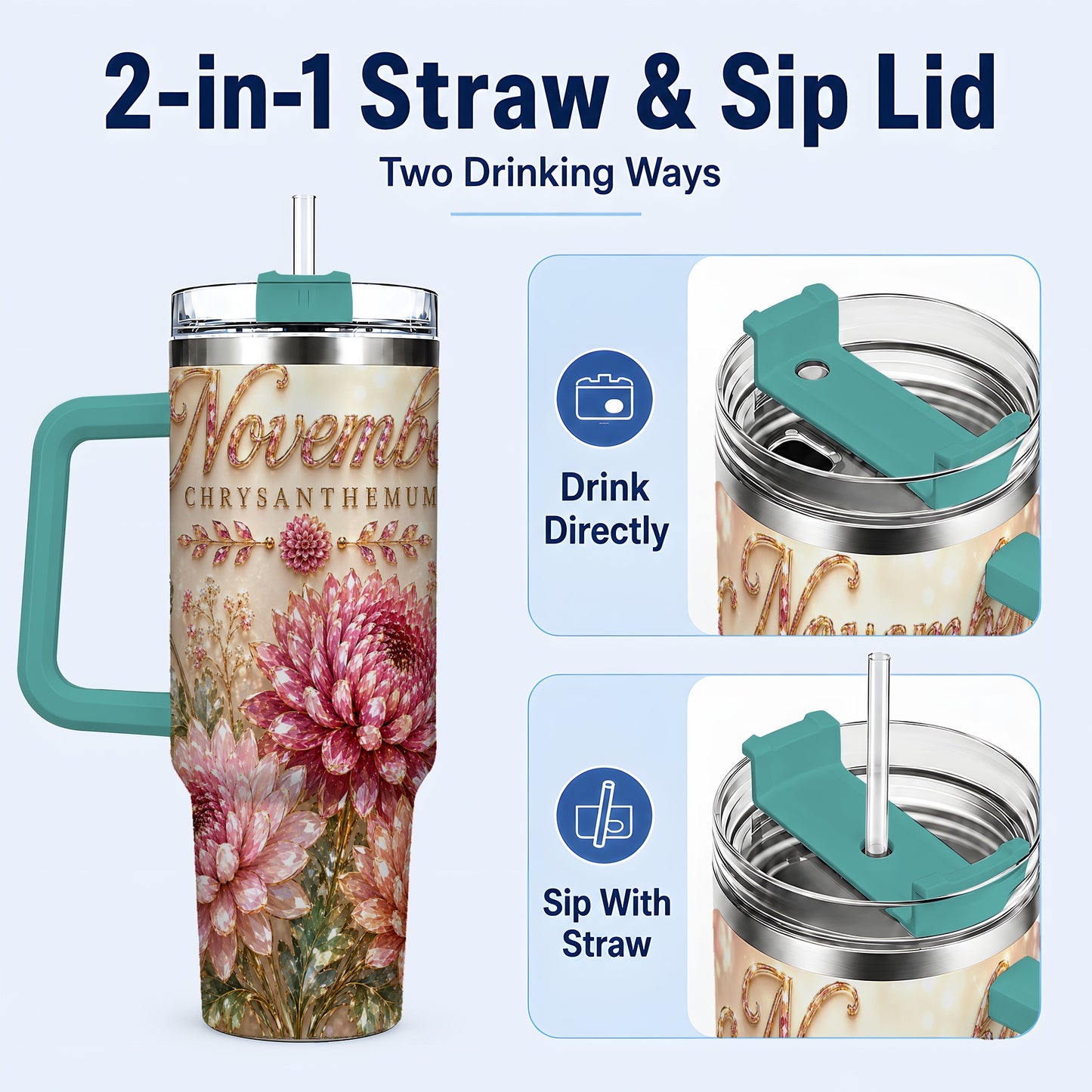 #pl[40oz|Green] November Chrysanthemum 40oz Tumbler with Handle, Floral Travel Cup