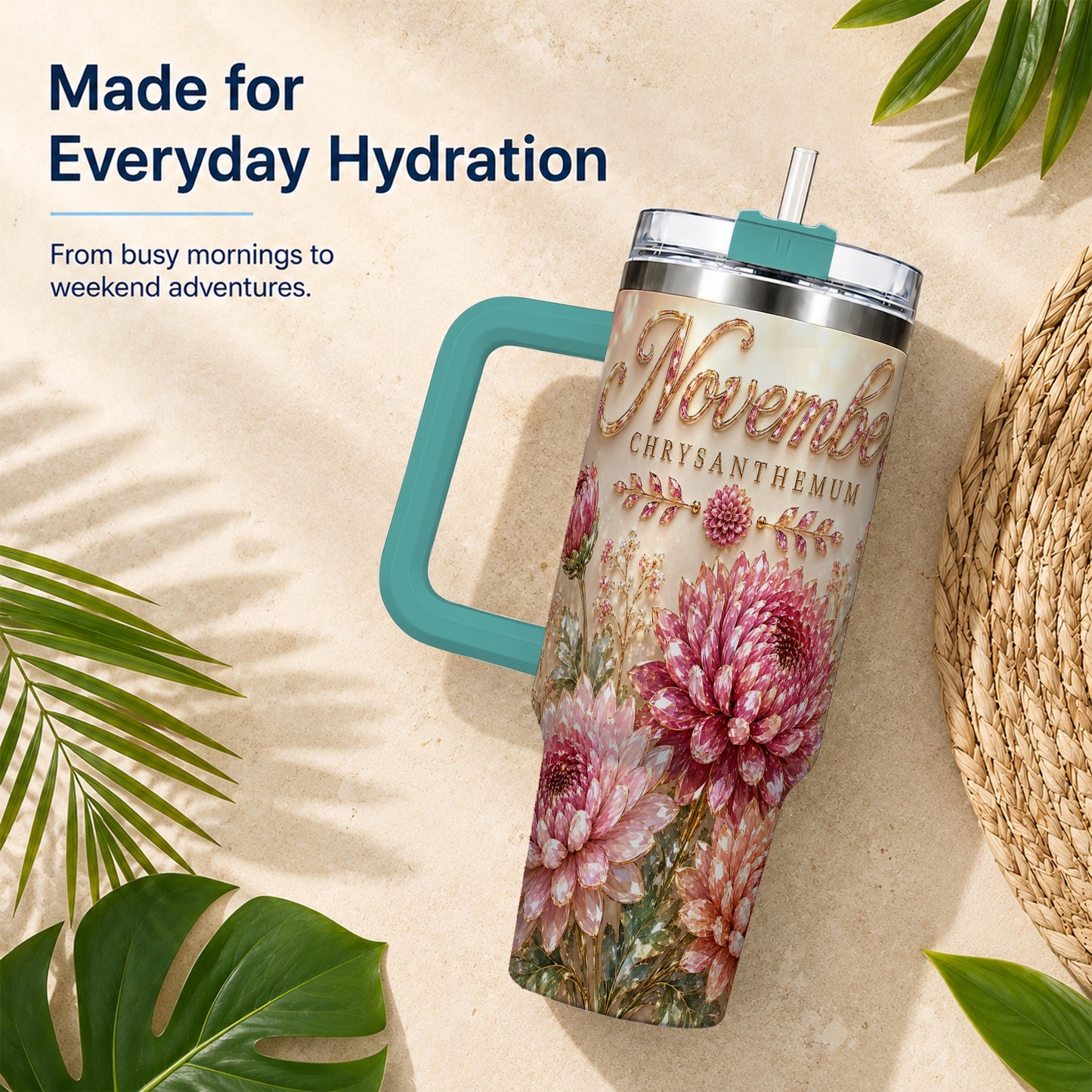 #pl[40oz|Green] November Chrysanthemum 40oz Tumbler with Handle, Floral Travel Cup