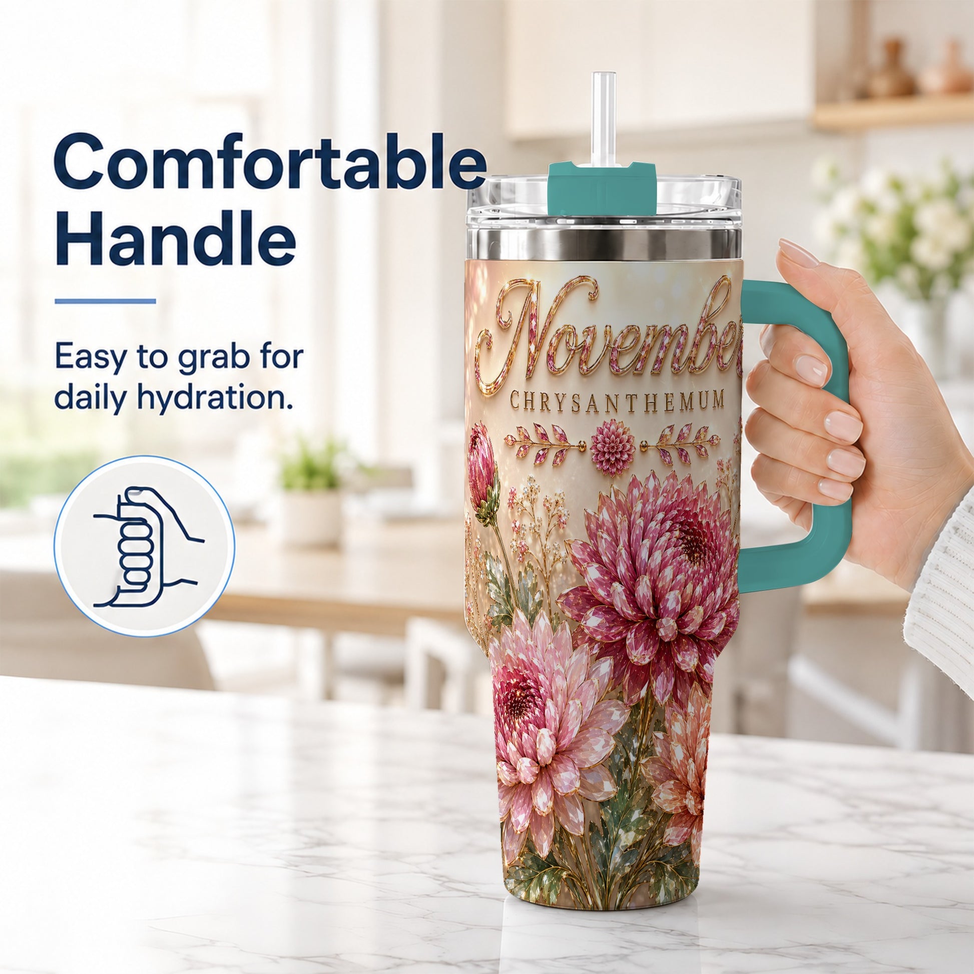 #pl[40oz|Green] November Chrysanthemum 40oz Tumbler with Handle, Floral Travel Cup