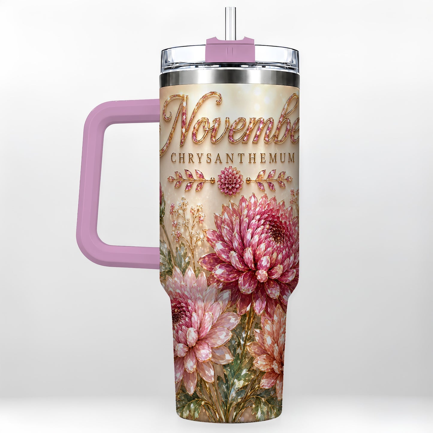 #pl[40oz|Pink] November Chrysanthemum 40oz Tumbler with Handle, Floral Travel Cup