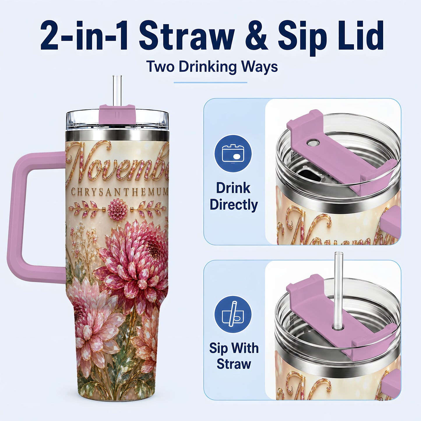 #pl[40oz|Pink] November Chrysanthemum 40oz Tumbler with Handle, Floral Travel Cup