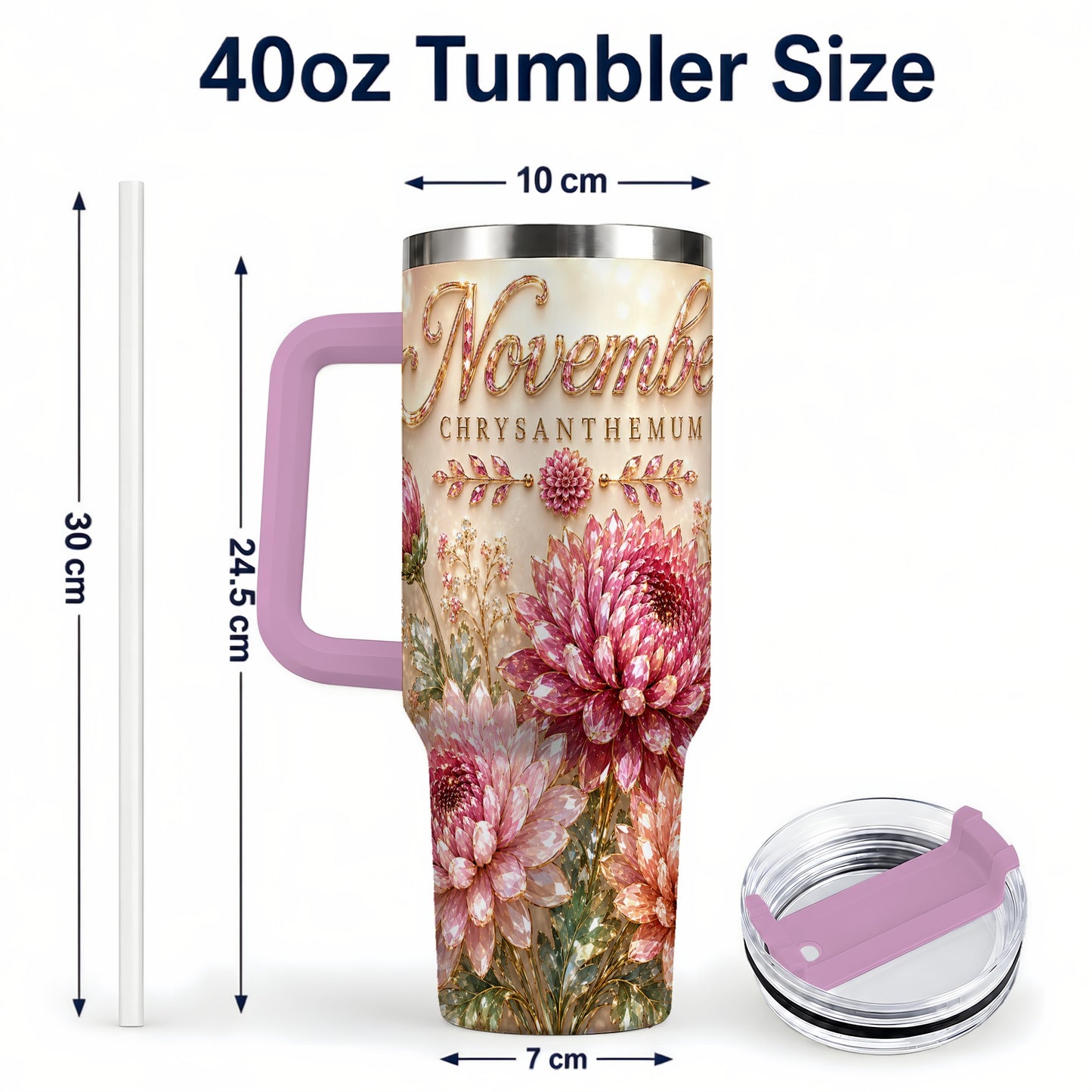 #pl[40oz|Pink] November Chrysanthemum 40oz Tumbler with Handle, Floral Travel Cup