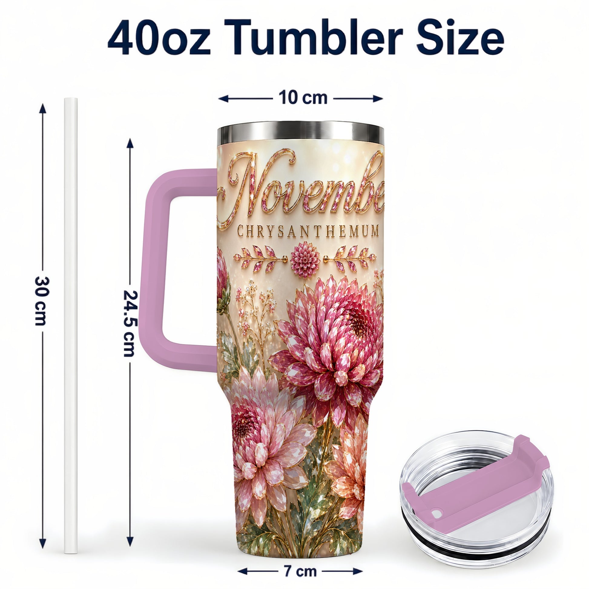 #pl[40oz|Pink] November Chrysanthemum 40oz Tumbler with Handle, Floral Travel Cup