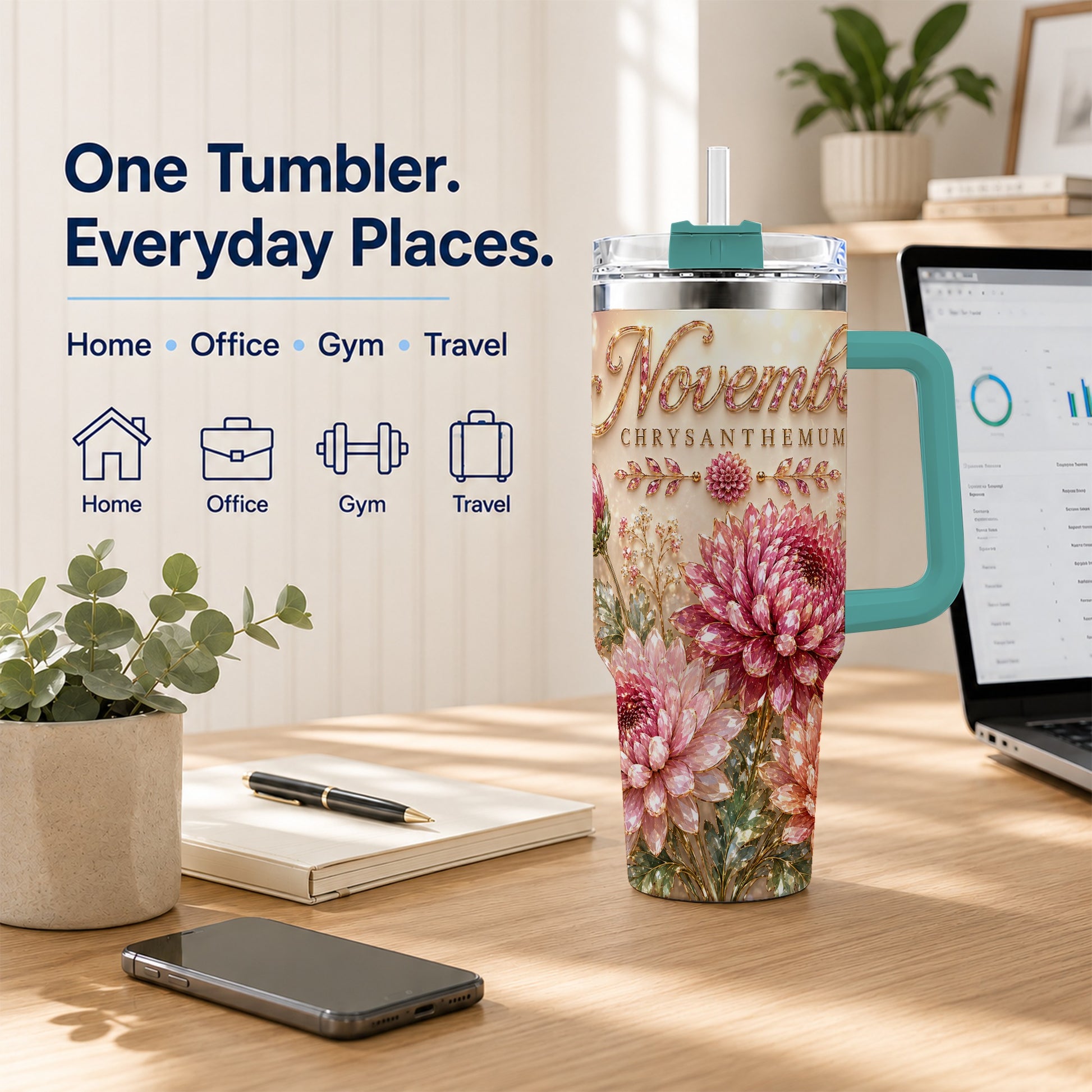 #pl[40oz|Green] November Chrysanthemum 40oz Tumbler with Handle, Floral Travel Cup