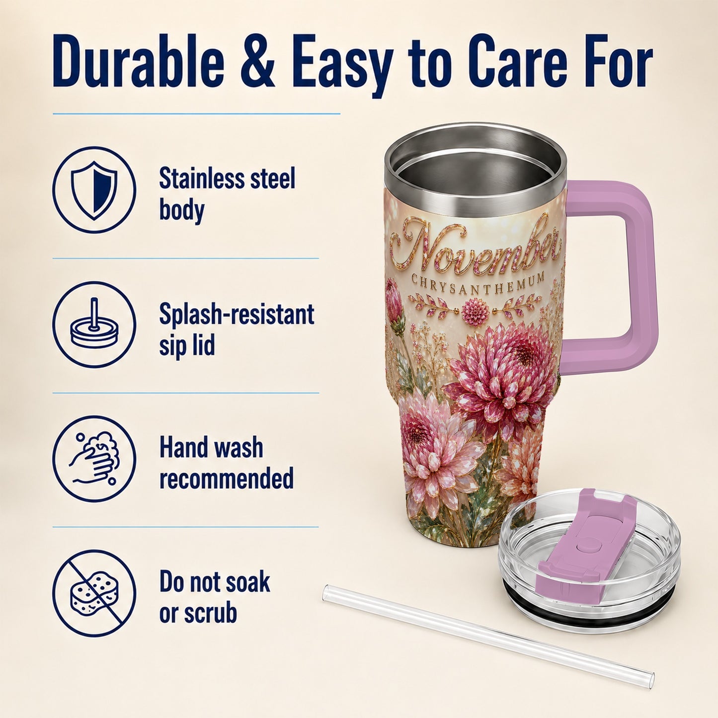 #pl[40oz|Pink] November Chrysanthemum 40oz Tumbler with Handle, Floral Travel Cup