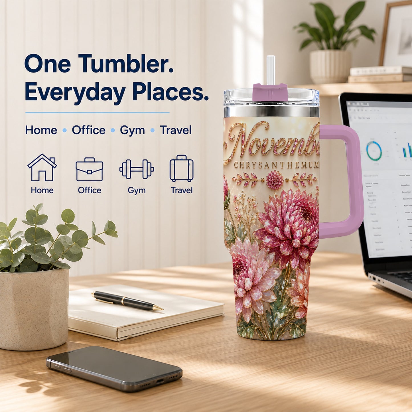 #pl[40oz|Pink] November Chrysanthemum 40oz Tumbler with Handle, Floral Travel Cup