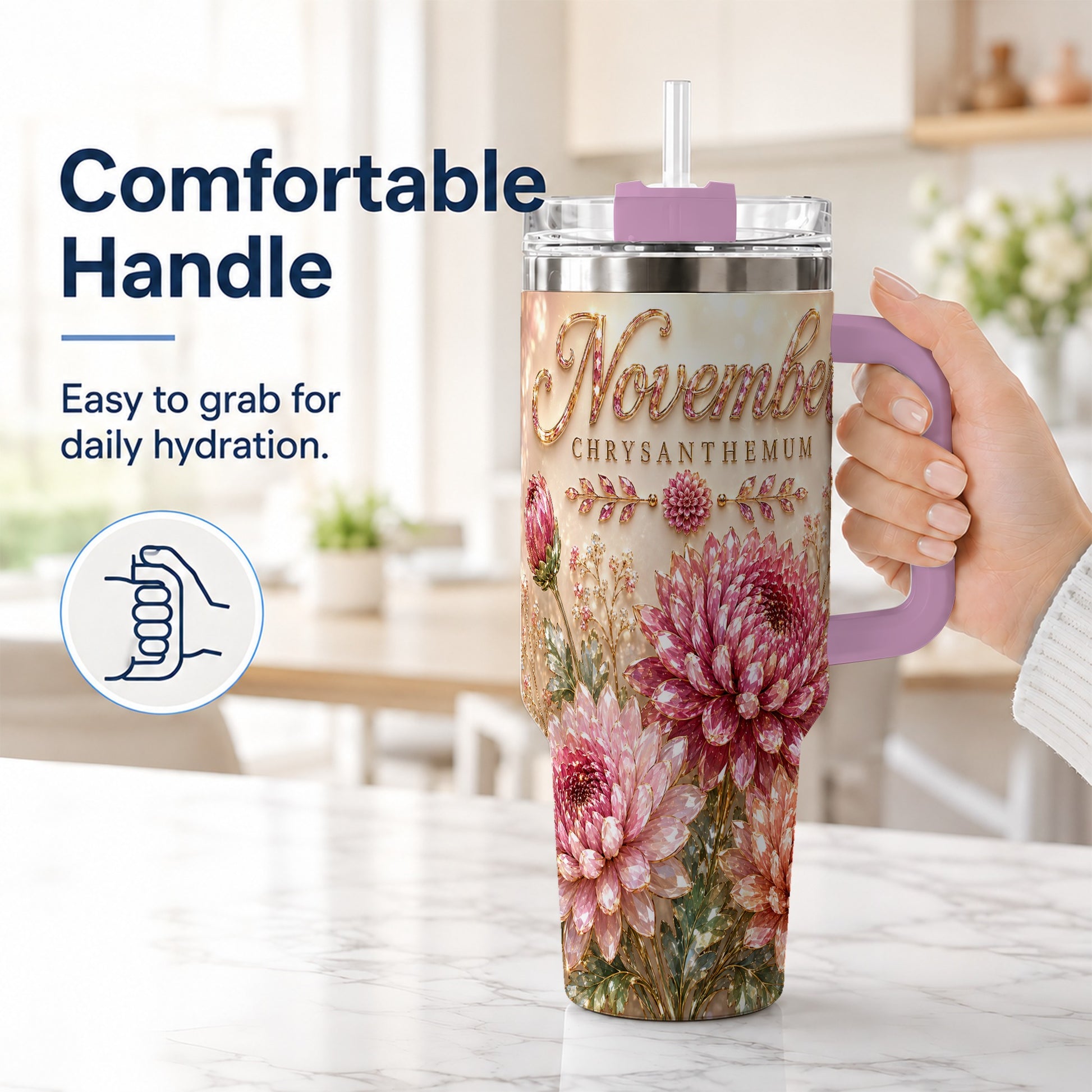 #pl[40oz|Pink] November Chrysanthemum 40oz Tumbler with Handle, Floral Travel Cup