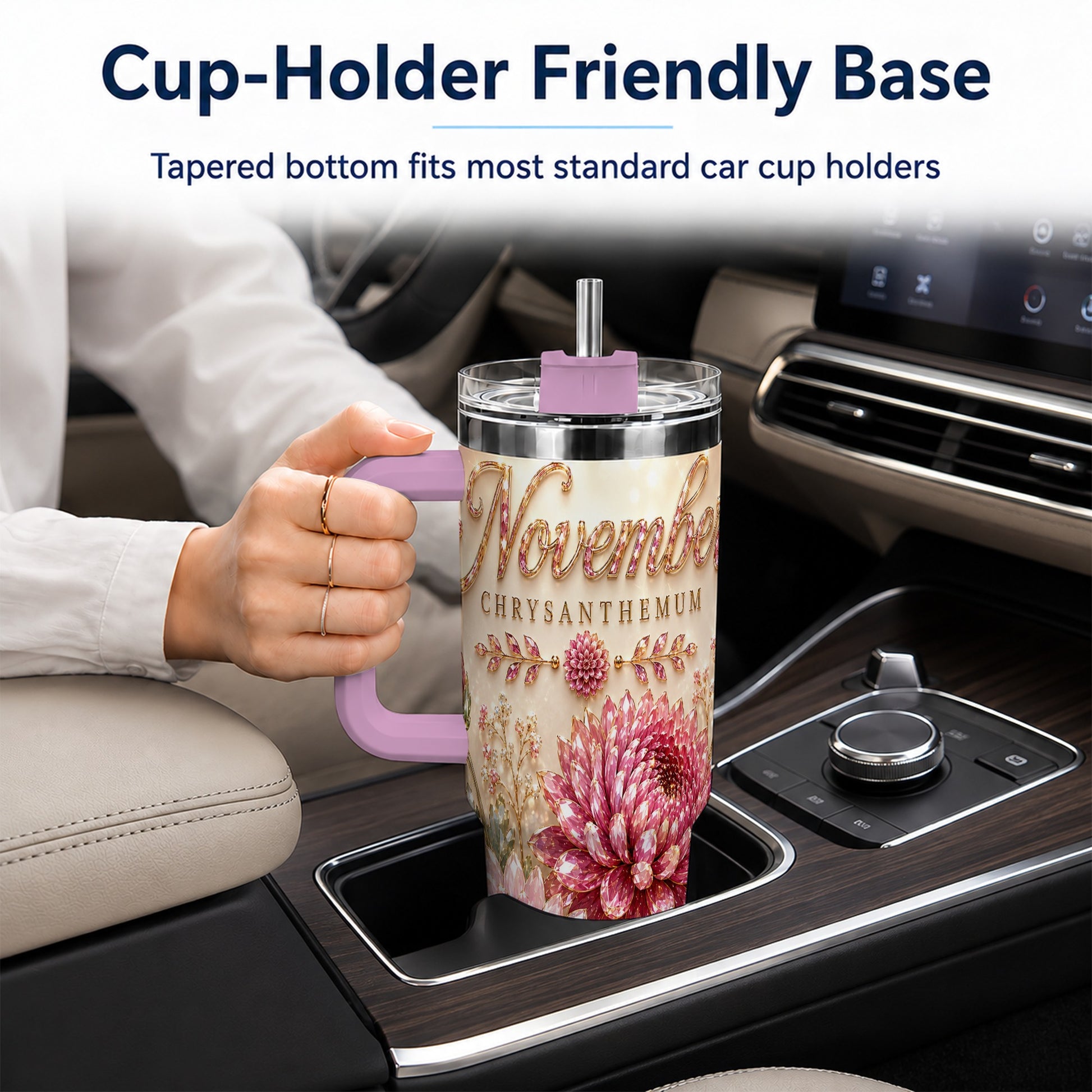 #pl[40oz|Pink] November Chrysanthemum 40oz Tumbler with Handle, Floral Travel Cup