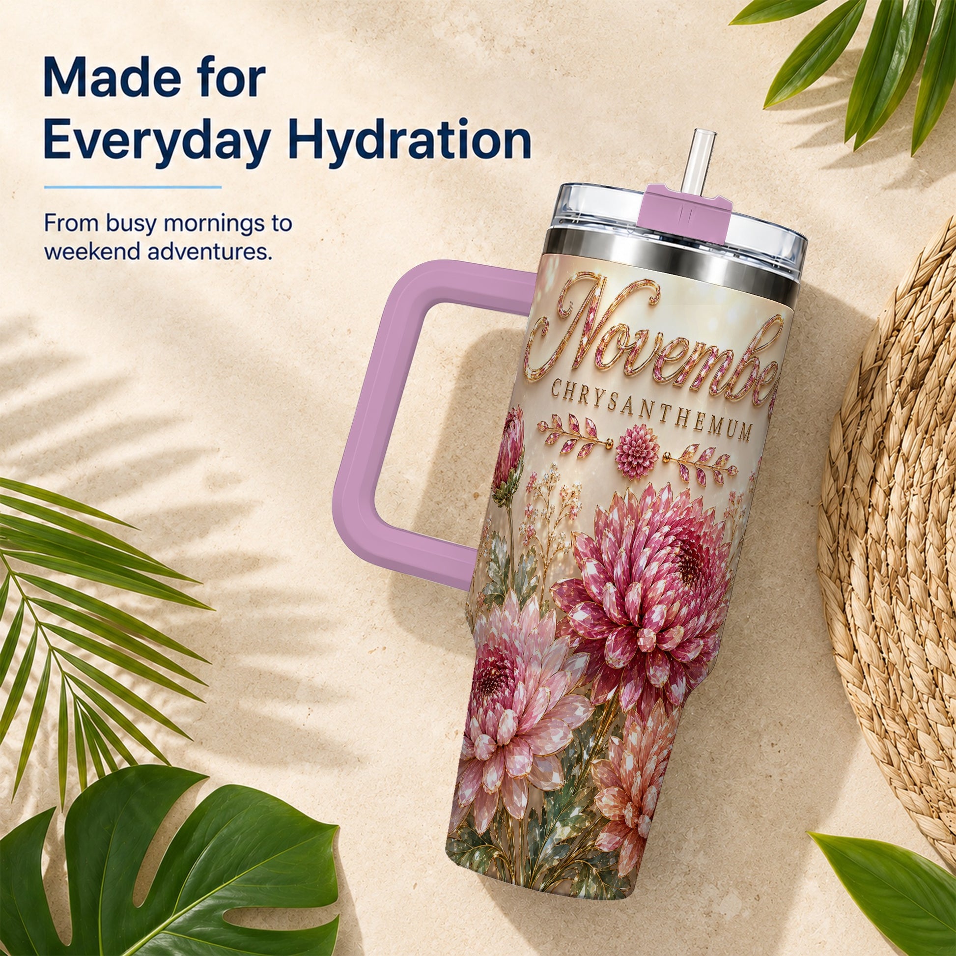 #pl[40oz|Pink] November Chrysanthemum 40oz Tumbler with Handle, Floral Travel Cup