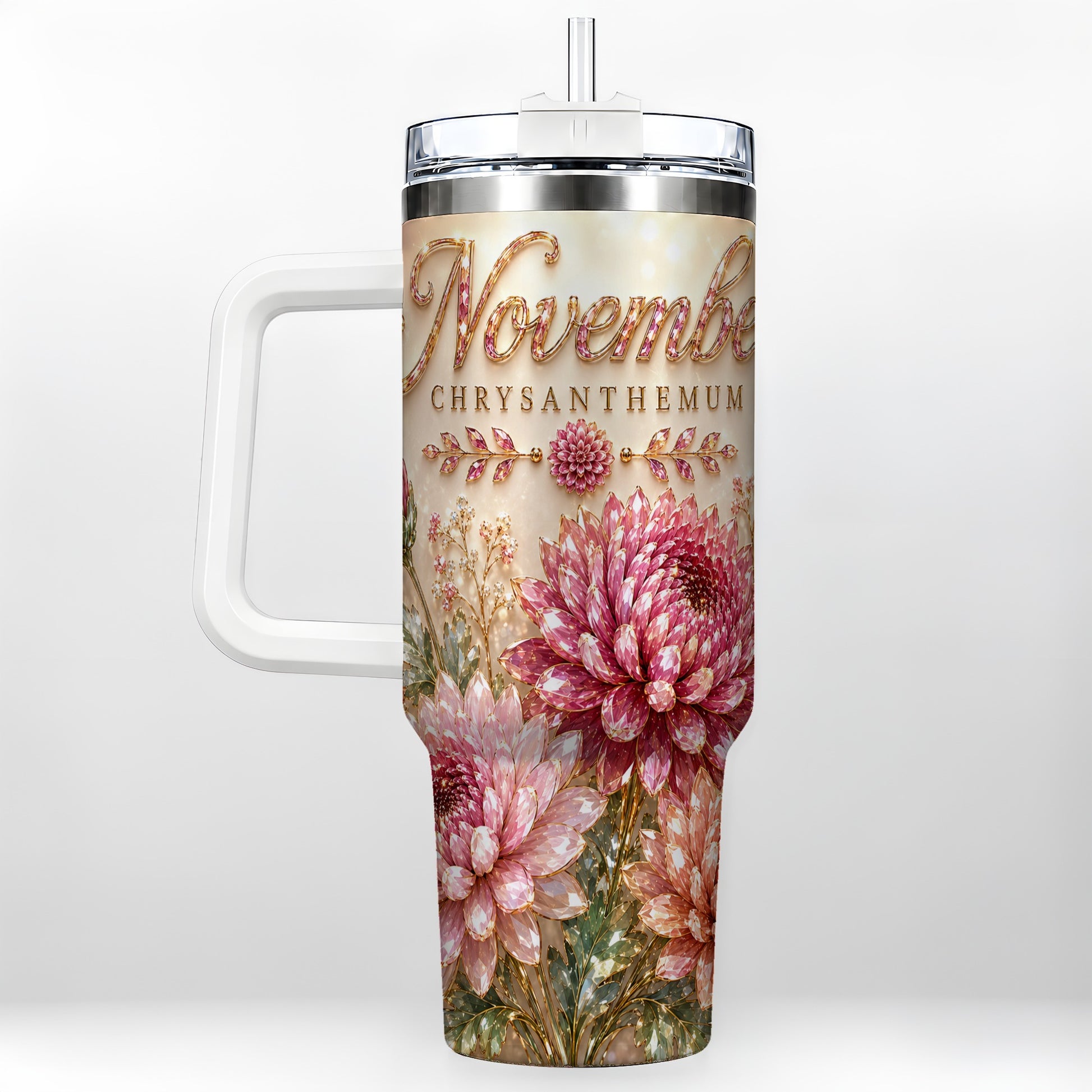 #pl[40oz|White] November Chrysanthemum 40oz Tumbler with Handle, Floral Travel Cup