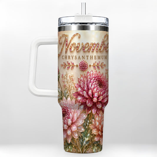 #pl[40oz|White] November Chrysanthemum 40oz Tumbler with Handle, Floral Travel Cup