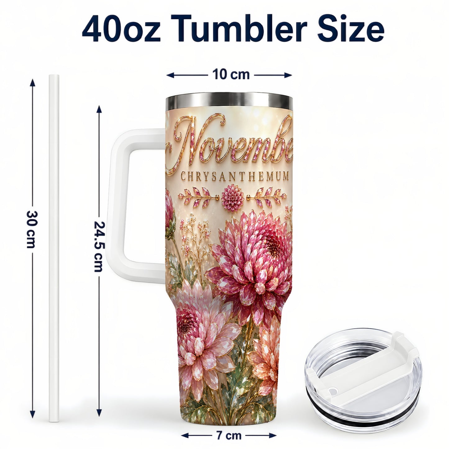 #pl[40oz|White] November Chrysanthemum 40oz Tumbler with Handle, Floral Travel Cup