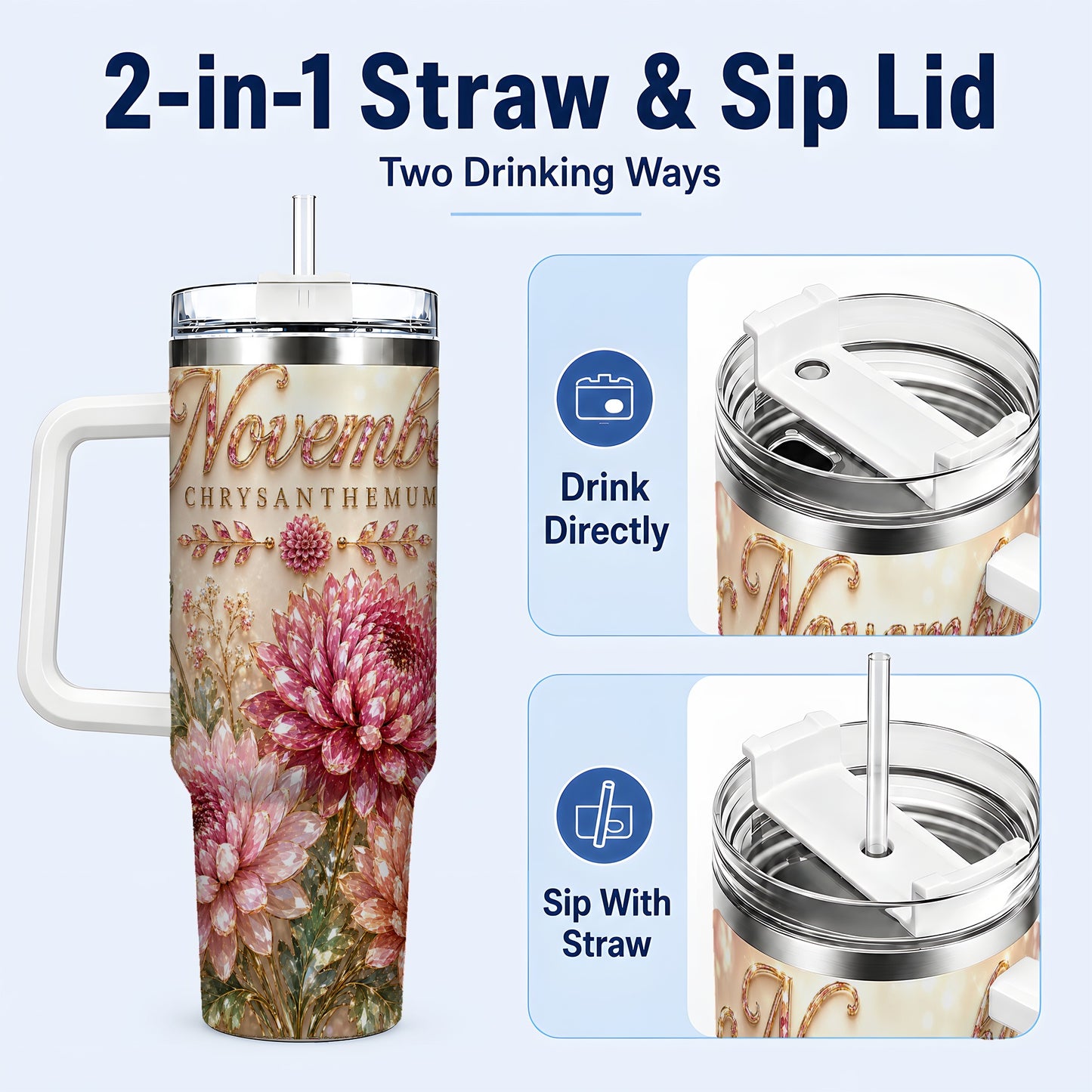#pl[40oz|White] November Chrysanthemum 40oz Tumbler with Handle, Floral Travel Cup
