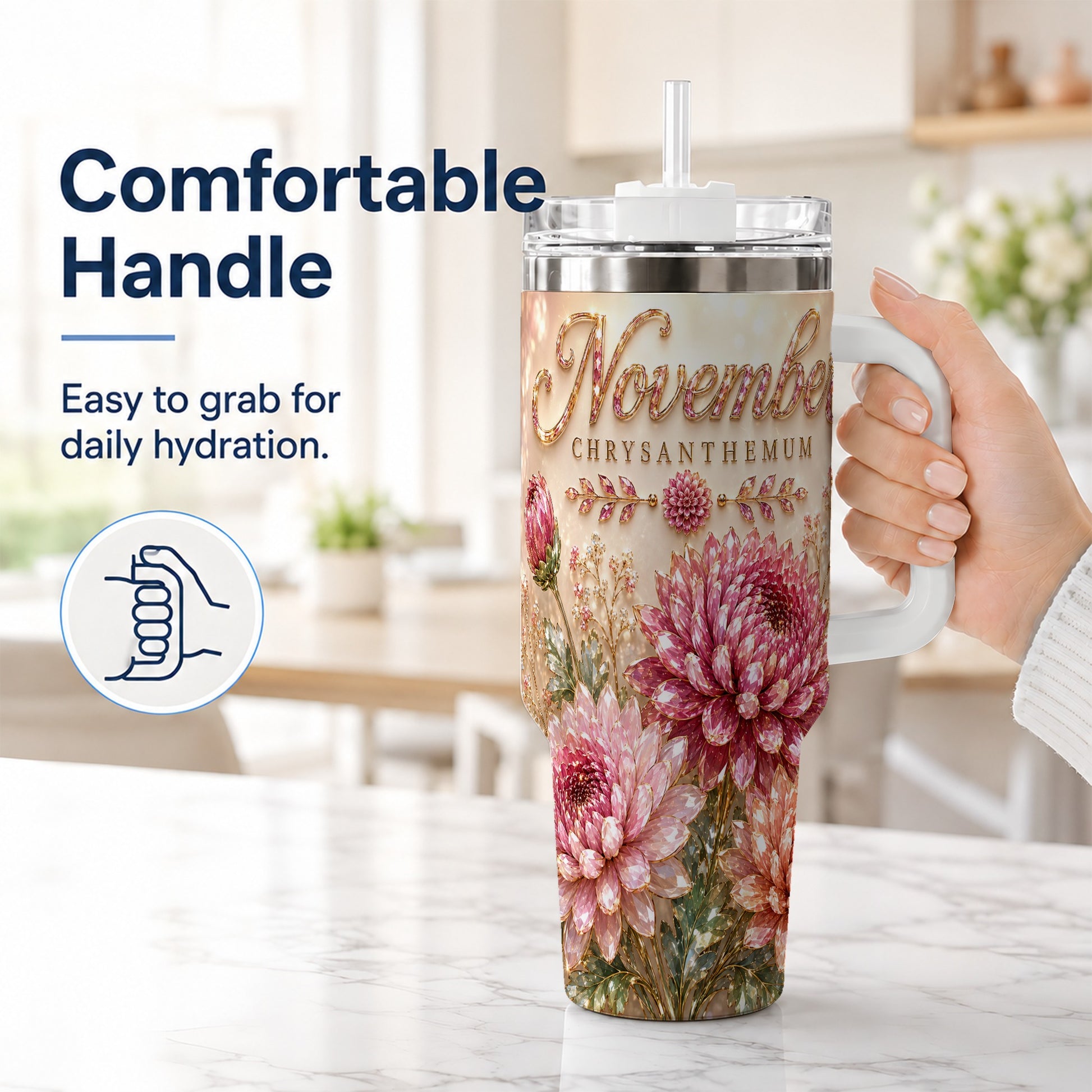 #pl[40oz|White] November Chrysanthemum 40oz Tumbler with Handle, Floral Travel Cup