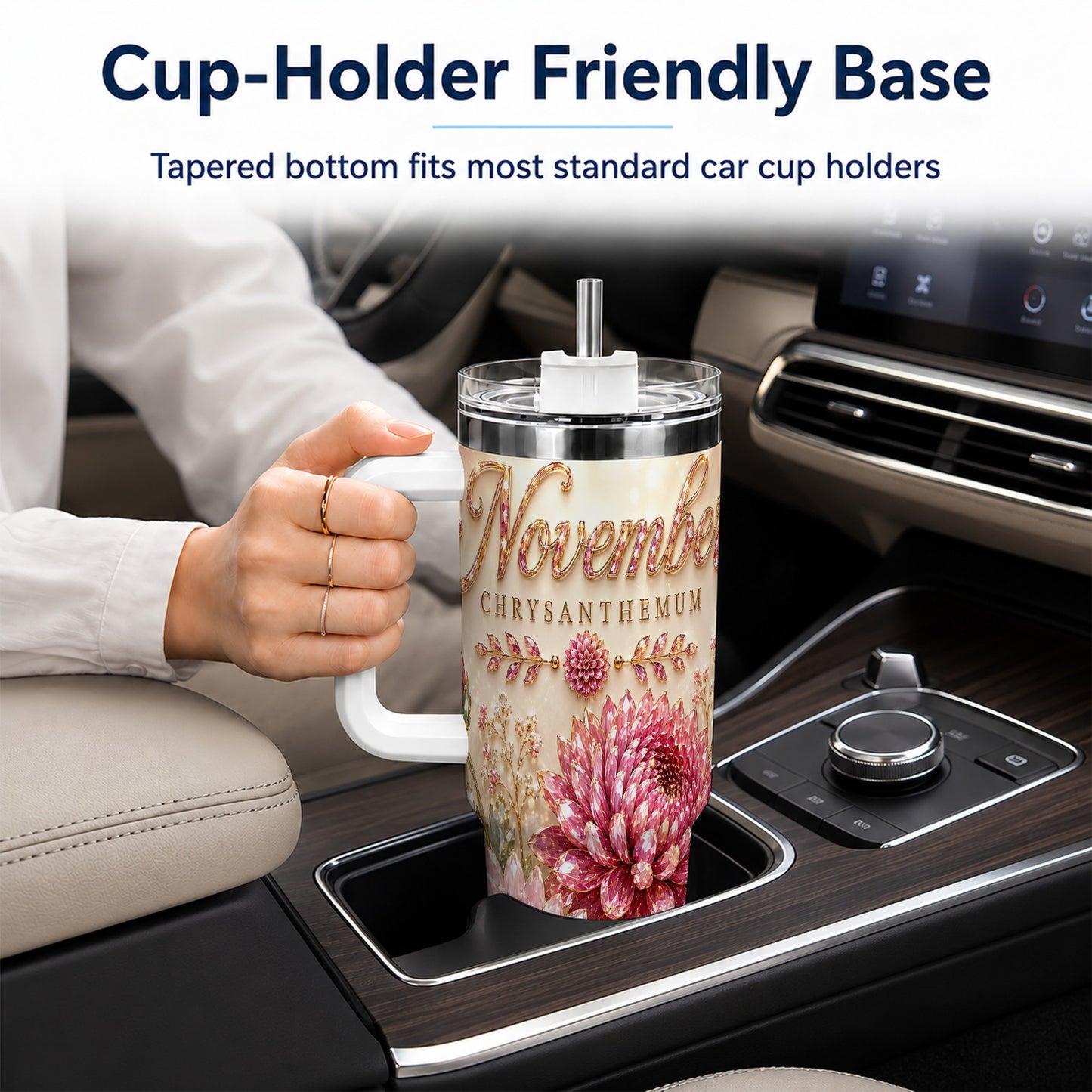 #pl[40oz|White] November Chrysanthemum 40oz Tumbler with Handle, Floral Travel Cup