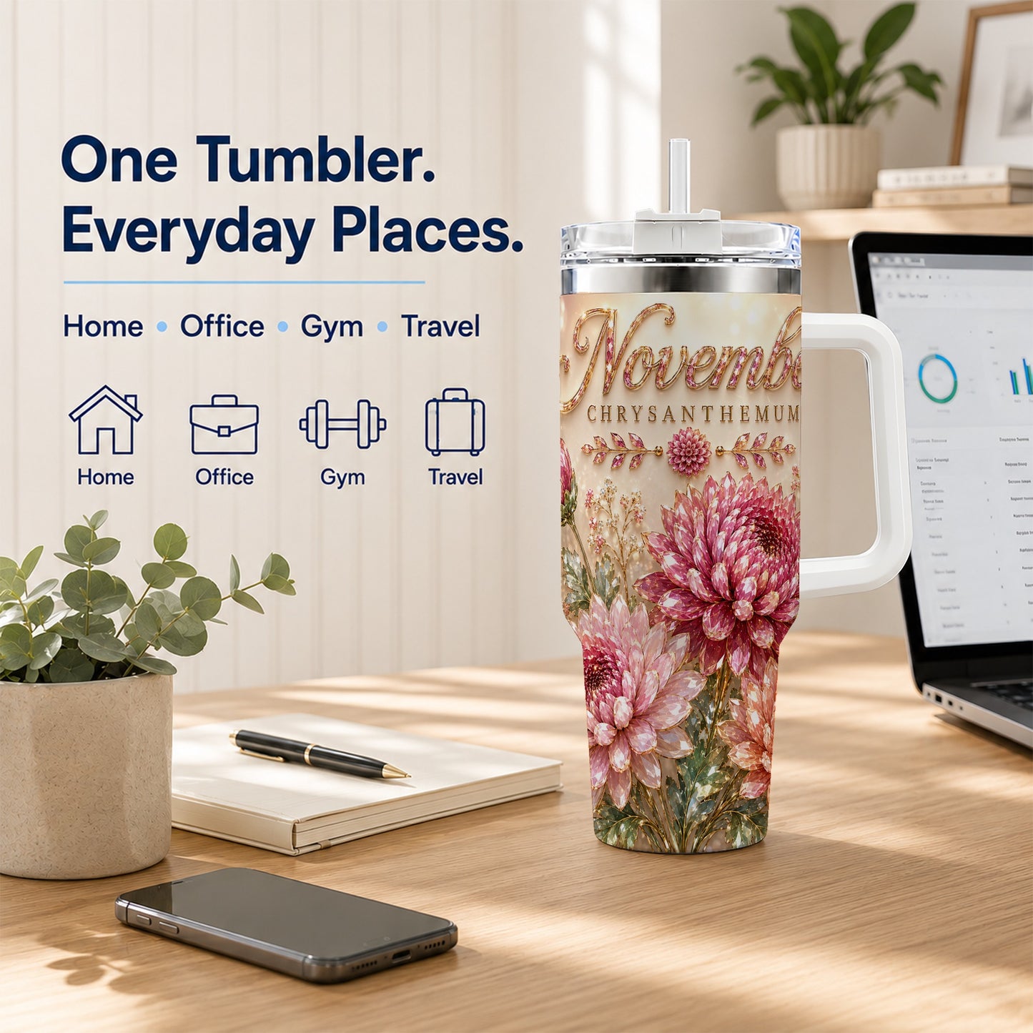 #pl[40oz|White] November Chrysanthemum 40oz Tumbler with Handle, Floral Travel Cup