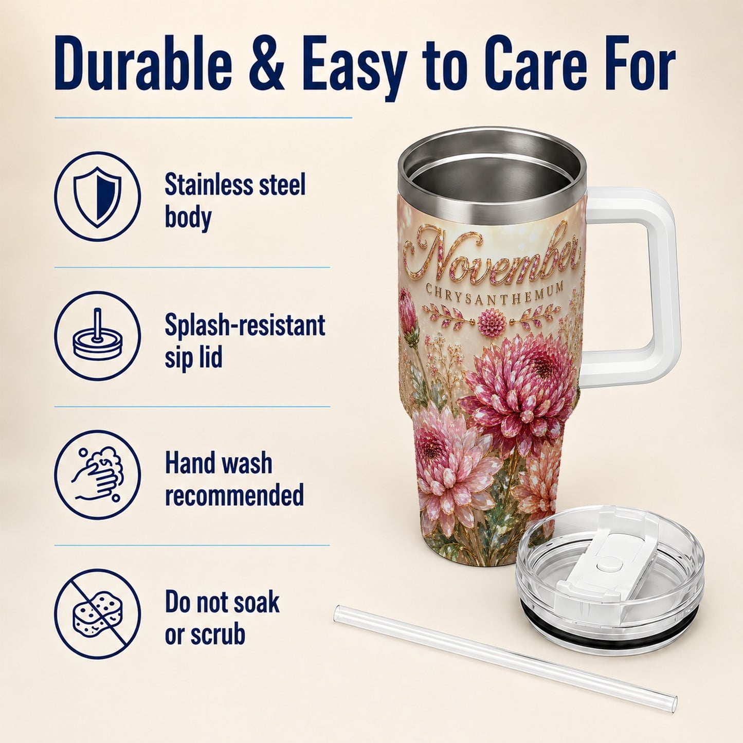 #pl[40oz|White] November Chrysanthemum 40oz Tumbler with Handle, Floral Travel Cup