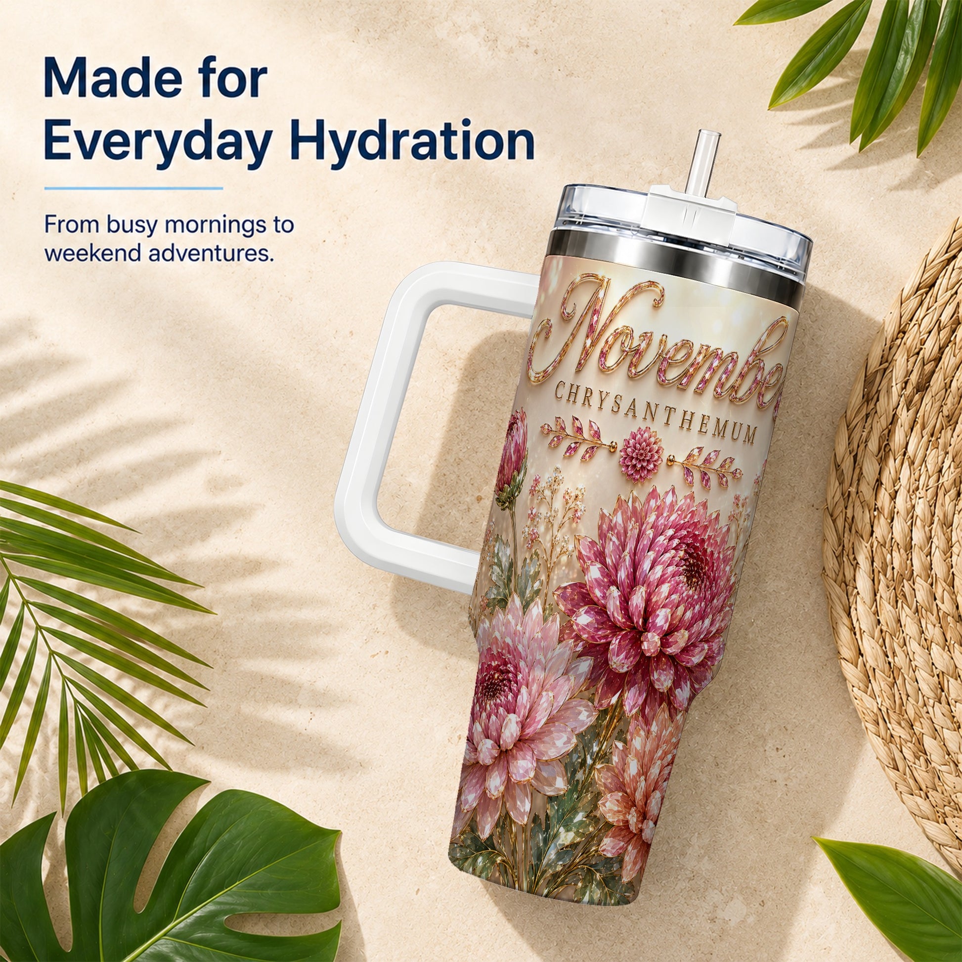 #pl[40oz|White] November Chrysanthemum 40oz Tumbler with Handle, Floral Travel Cup