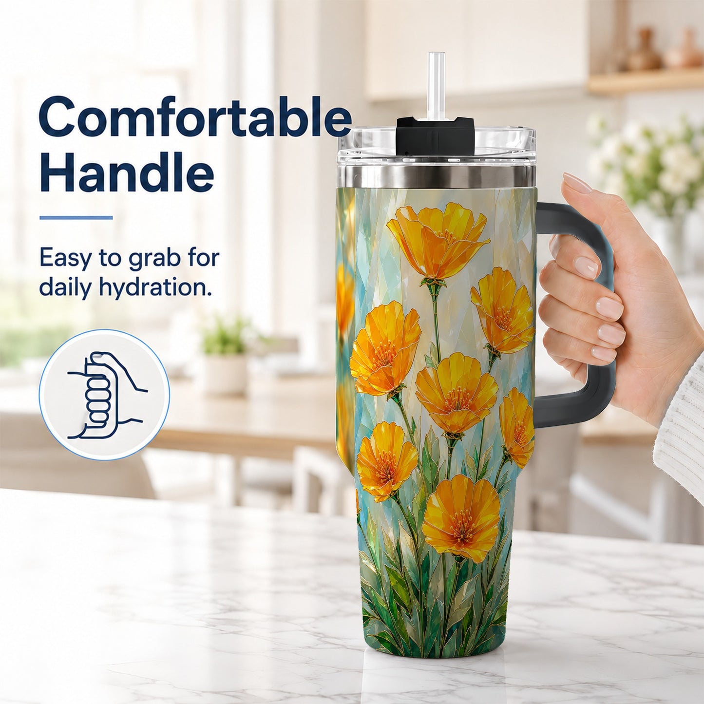 #pl[40oz|Black] Orange Poppy 40oz Tumbler with Handle, Floral Travel Cup